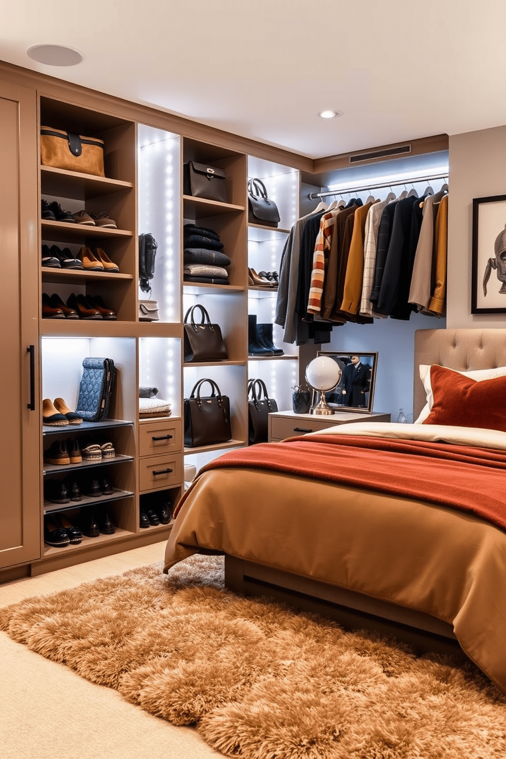 A custom closet solution features built-in shelving and hanging rods designed for optimal organization. Soft LED lighting illuminates the space, highlighting neatly arranged shoes, bags, and accessories. The basement bedroom design incorporates warm tones and cozy textiles to create an inviting atmosphere. A plush area rug anchors the space, while a statement bed with layered bedding serves as the focal point.