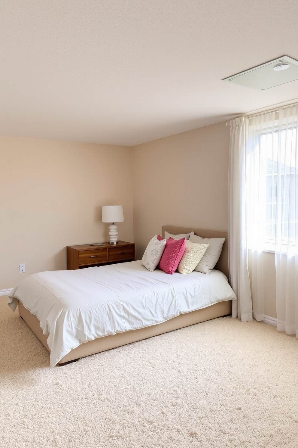 A tranquil basement bedroom featuring a neutral color palette that promotes relaxation. Soft beige walls complement a plush cream carpet, creating a cozy atmosphere. The bed is dressed in light gray linens with an array of textured pillows. A wooden nightstand holds a minimalist lamp, while a large window allows natural light to filter through sheer white curtains.