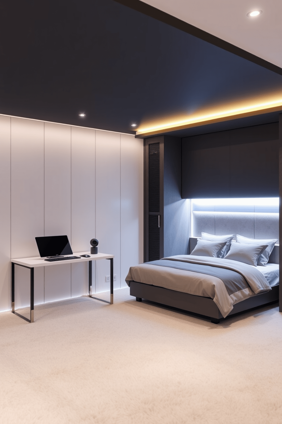 A contemporary basement bedroom featuring smart technology for modern convenience. The room is equipped with automated lighting and temperature control, allowing for a customizable atmosphere at the touch of a button. The bed is positioned against a feature wall with integrated speakers and mood lighting. A sleek desk area with a smart display sits in one corner, providing an efficient workspace that blends seamlessly with the overall design.