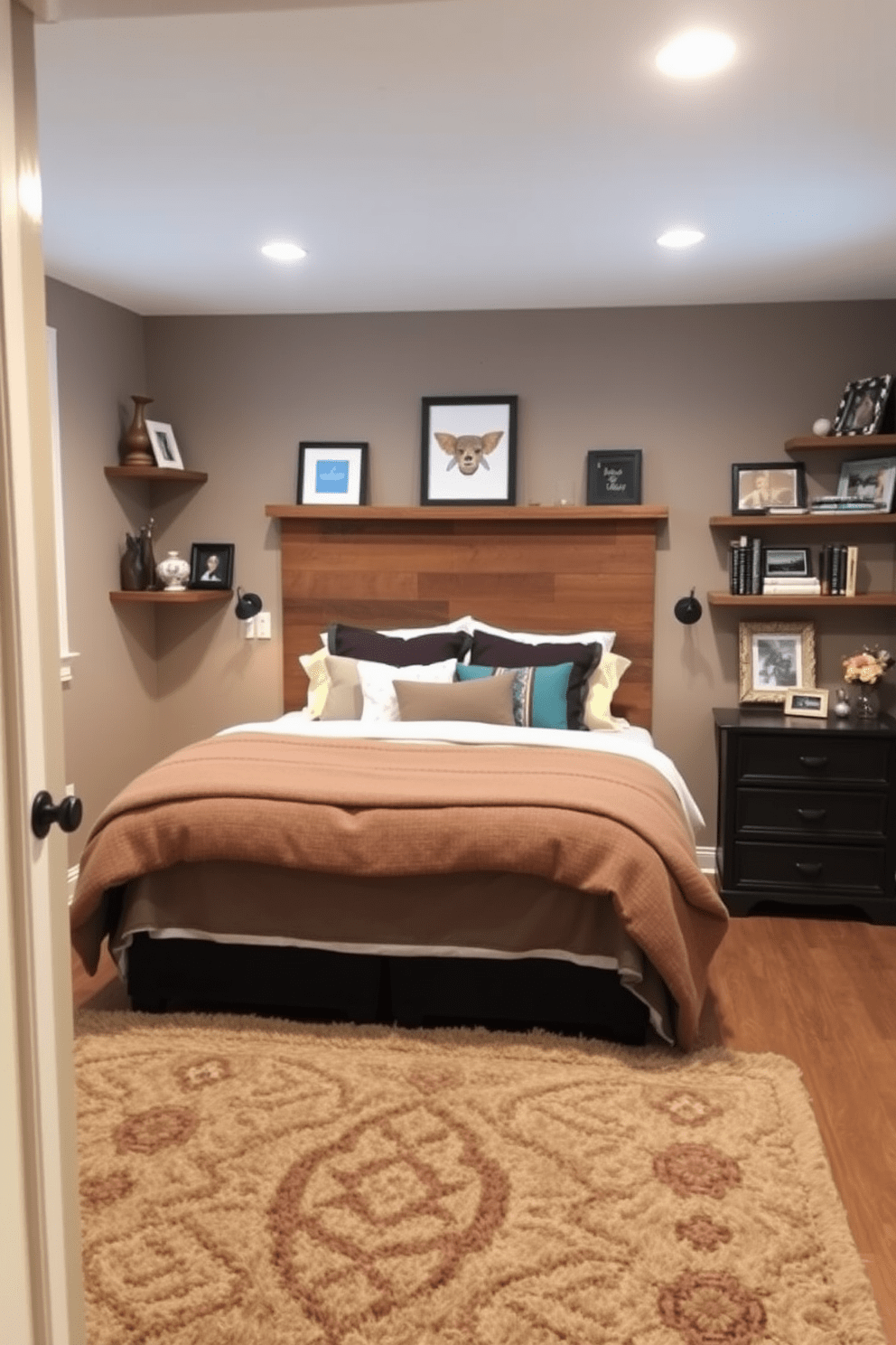 A cozy basement bedroom with personalized decor that reflects the owner's unique style. The walls are painted in a soft taupe, and a plush area rug in earthy tones covers the floor, creating a warm atmosphere. A custom headboard made from reclaimed wood serves as the focal point of the bed, adorned with layered bedding in complementary colors. Shelves filled with personal mementos and books line the walls, adding character and charm to the space.