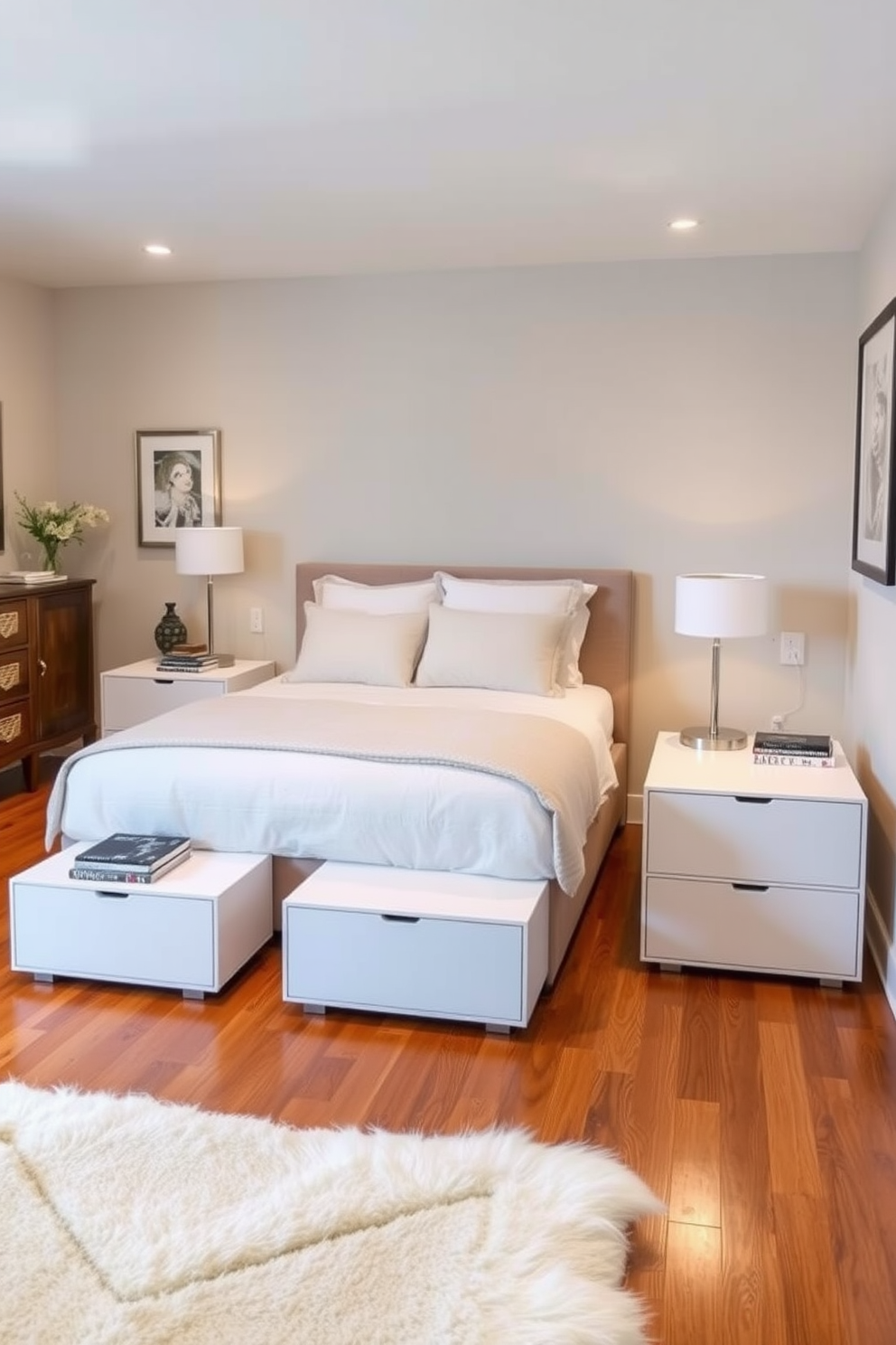 Stylish nightstands with a sleek design are placed on either side of a cozy bed. Each nightstand features a minimalist lamp and a small stack of books, enhancing the practicality of the space. The basement bedroom is designed with warm lighting and soft textures to create an inviting atmosphere. Neutral-colored walls complement the rich wooden flooring, while decorative elements add personality to the room.