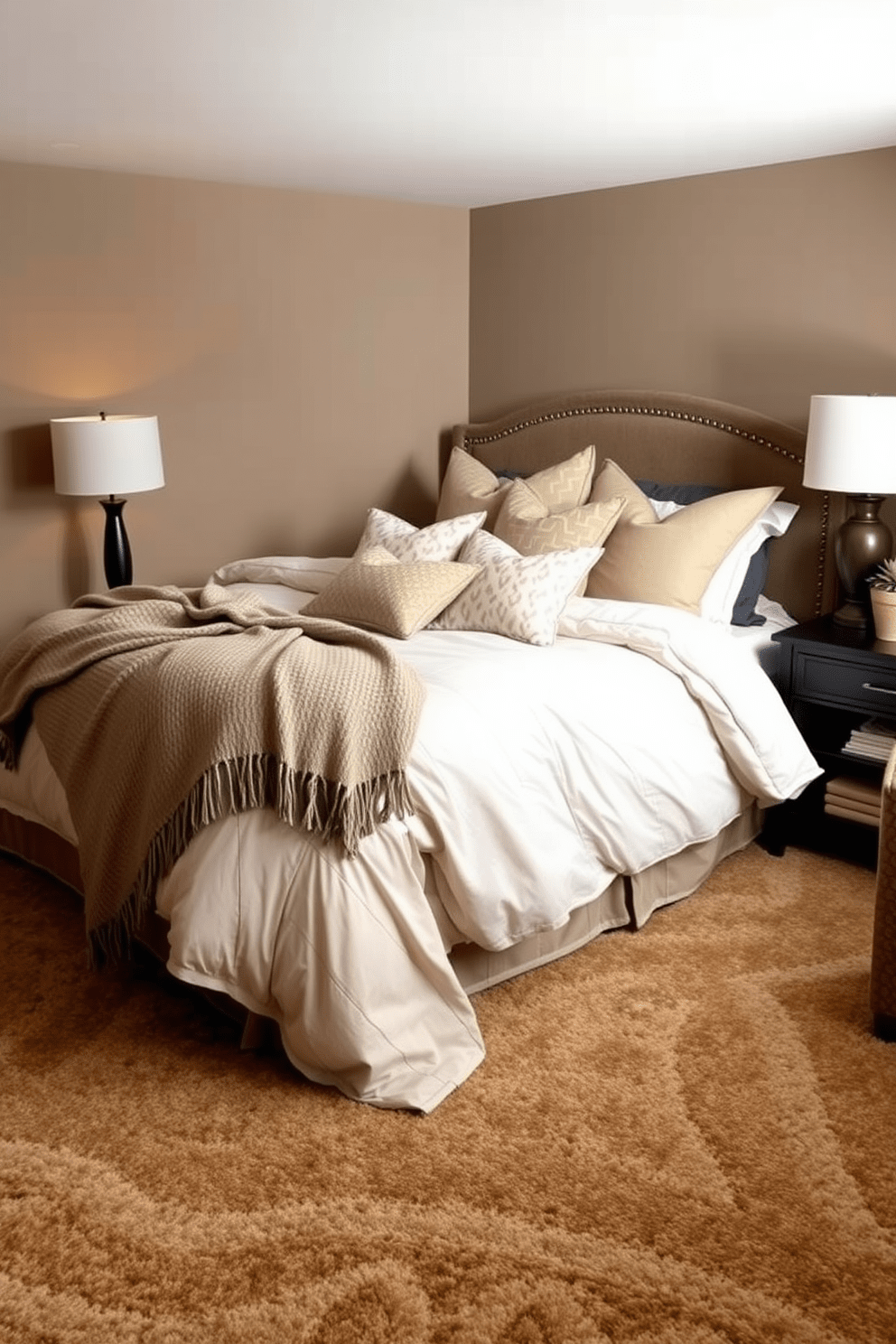 A cozy basement bedroom featuring layered textiles that create warmth and comfort. The bed is dressed in a plush duvet and an array of decorative pillows, complemented by a soft throw blanket draped over the side. The walls are painted in a soft taupe, enhancing the inviting atmosphere. A large area rug with a textured pattern covers the floor, adding depth and warmth to the space.