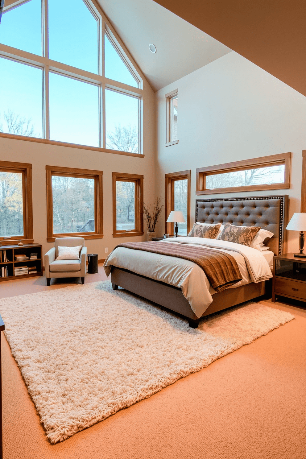 A cozy basement bedroom featuring large windows that allow natural light to flood the space. The walls are painted in a soft beige tone, complemented by a plush area rug and warm wood accents throughout. A king-sized bed with a tufted headboard sits against the wall, adorned with layered bedding in muted earth tones. Beside the bed, sleek nightstands hold stylish lamps, and a comfortable reading nook is created with a cozy chair and a small bookshelf in the corner.