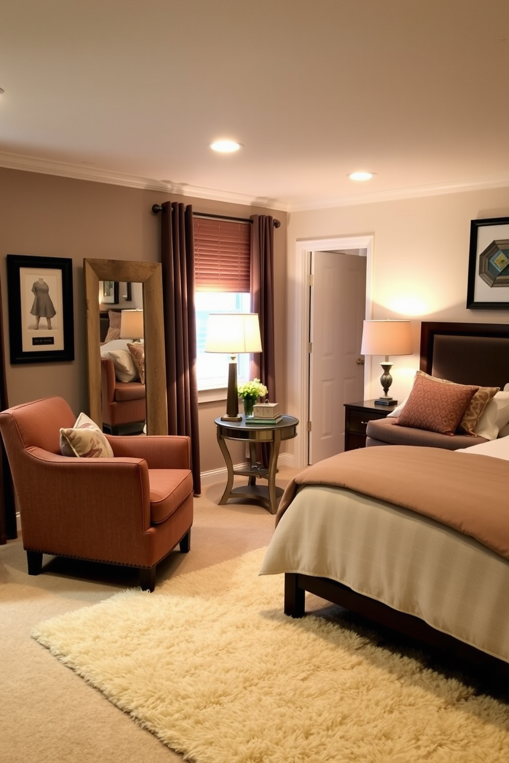 A cozy basement bedroom featuring accent chairs for additional seating. The room is designed with soft lighting and warm color tones, creating an inviting atmosphere. The accent chairs are upholstered in a rich fabric, positioned near a small side table. A plush area rug anchors the seating area, complementing the overall decor of the space.