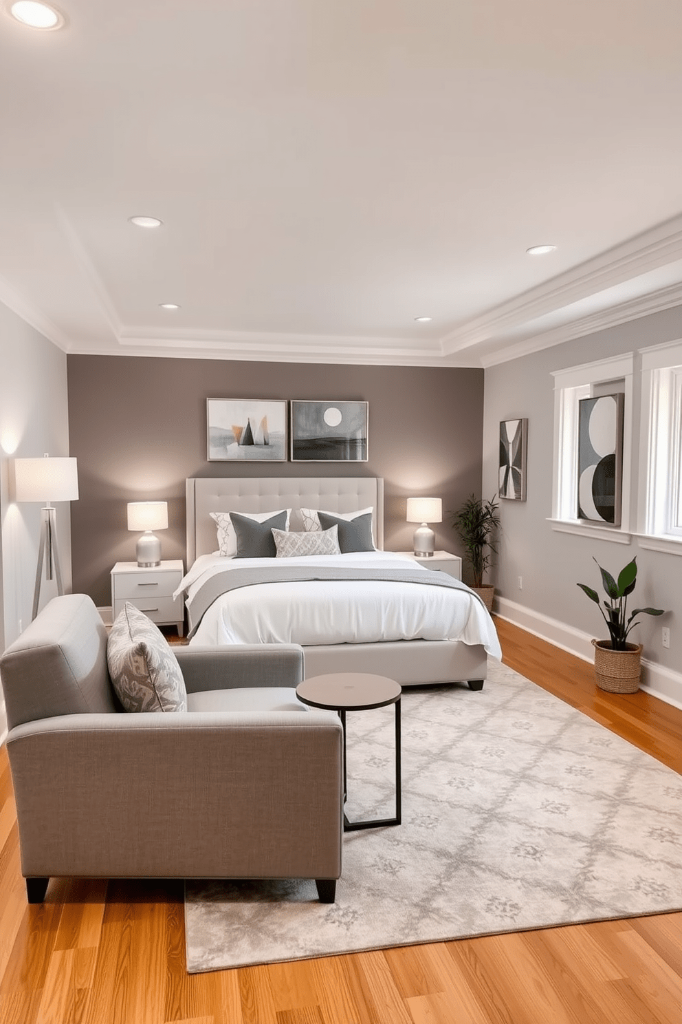 A cozy basement bedroom with a cohesive color scheme featuring soft grays and warm whites. The walls are painted in a light gray tone, complemented by white trim and ceiling, creating a unified and inviting atmosphere. A plush king-sized bed is dressed in a white duvet with gray accent pillows, positioned against a feature wall painted in a deeper gray. Flanking the bed are sleek nightstands with modern lamps that provide soft lighting for a relaxing ambiance. A comfortable seating area includes a stylish armchair in a complementary gray fabric, paired with a small side table. The flooring is a warm wood tone, enhancing the overall warmth of the space while a large area rug adds texture and comfort. Decorative elements include abstract art pieces in muted colors that tie the room together, along with potted plants for a touch of nature. Large windows allow natural light to flood the room, making the basement feel bright and airy.