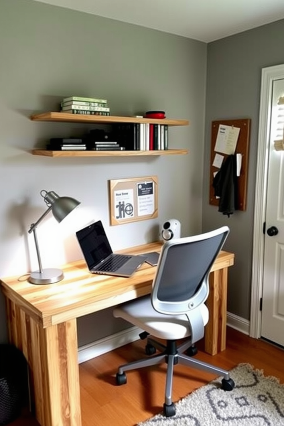 A small desk area designed for productivity in a basement bedroom. The desk is made of reclaimed wood and is positioned against a wall, with a comfortable ergonomic chair and a stylish desk lamp providing ample light. Above the desk, floating shelves hold books and decorative items, while a bulletin board is mounted nearby for notes and inspiration. The walls are painted in a soft gray, and a cozy area rug adds warmth to the space.