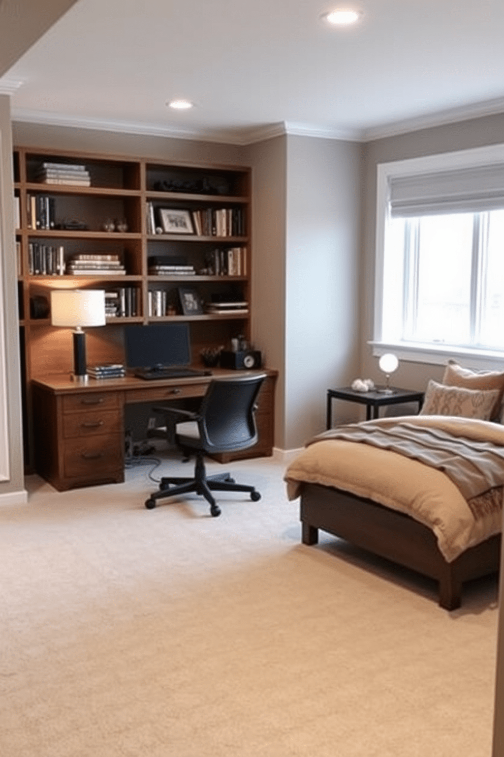 A functional workspace with good lighting features a large wooden desk positioned by a window that allows natural light to flood the area. A comfortable ergonomic chair complements the desk, and shelves filled with books and decorative items line the walls. The basement bedroom design incorporates a cozy atmosphere with soft lighting from bedside lamps. A plush bed with layered bedding is centered against a feature wall, while a small seating area with a chair and side table offers a perfect spot for relaxation.