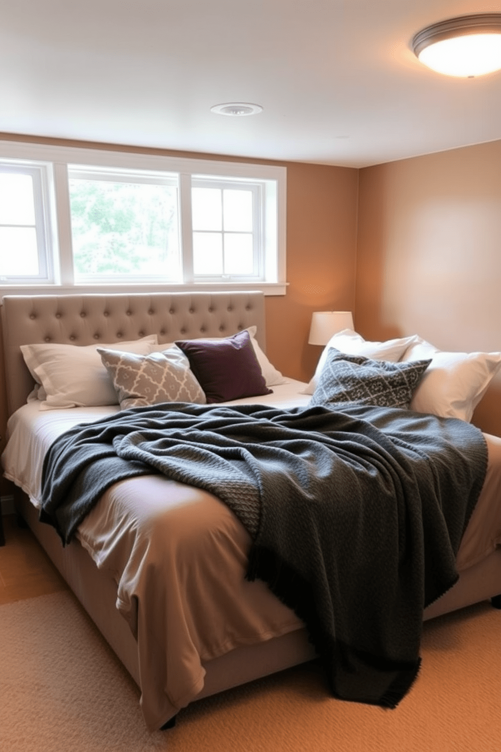 A cozy basement bedroom featuring soft throw blankets draped over a plush bed with a tufted headboard. The walls are painted in warm neutral tones, and a large window allows natural light to filter in, creating an inviting atmosphere.