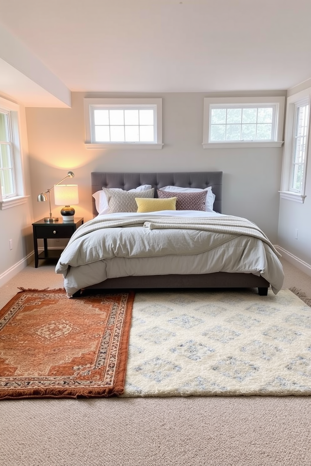 A cozy basement bedroom featuring layered rugs that add warmth and texture to the space. The rugs are placed under a plush bed with soft bedding, creating an inviting atmosphere. Soft lighting from stylish bedside lamps illuminates the room, enhancing the overall comfort. The walls are painted in a soothing color, and large windows allow natural light to filter in, making the space feel airy and bright.