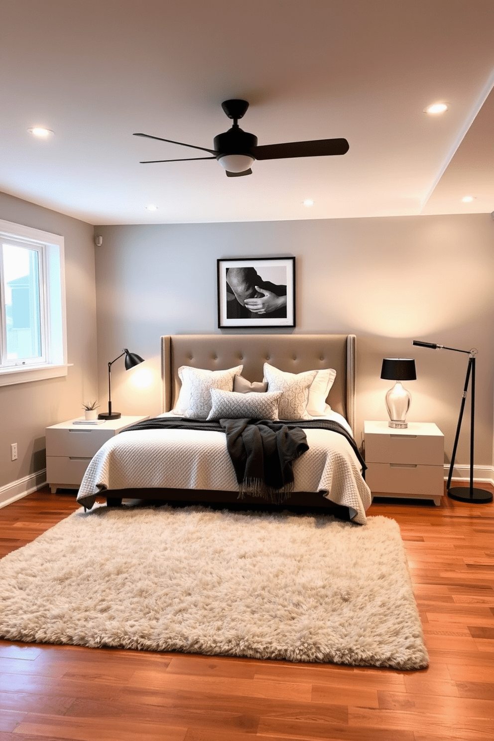 A cozy basement bedroom featuring layered lighting with stylish floor lamps that create a warm and inviting atmosphere. The walls are painted in a soft gray, and a plush area rug adds texture to the hardwood floor, while a large window provides natural light. A comfortable bed with an upholstered headboard is centered against the wall, flanked by modern nightstands with elegant lamps. Decorative throw pillows and a soft blanket enhance the bed's inviting look, while framed artwork adds personality to the space.