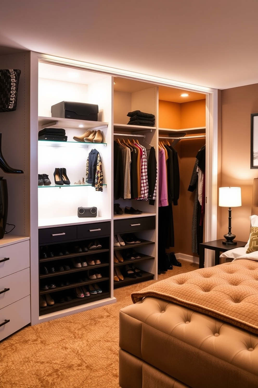 A customized closet solution features built-in shelving and hanging rods tailored to maximize storage space. Soft LED lighting illuminates the interior, highlighting neatly arranged shoes and accessories. The basement bedroom design incorporates a cozy atmosphere with warm-toned walls and plush carpeting. A stylish bed with a tufted headboard is positioned against a feature wall adorned with framed artwork.