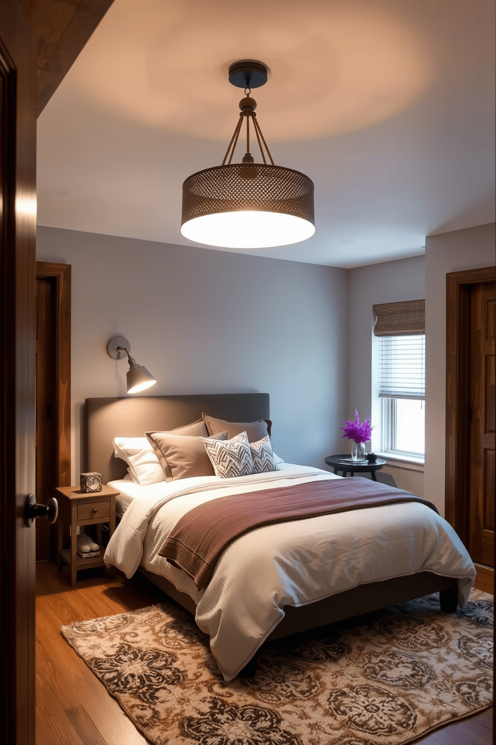 A cozy basement bedroom featuring unique light fixtures as statement pieces. The room is illuminated by an oversized pendant light that contrasts with the low ceiling, creating a warm and inviting atmosphere. The walls are painted in a soft gray, complemented by rich wooden accents throughout. A plush area rug anchors the space, while a stylish bed with layered bedding invites relaxation.