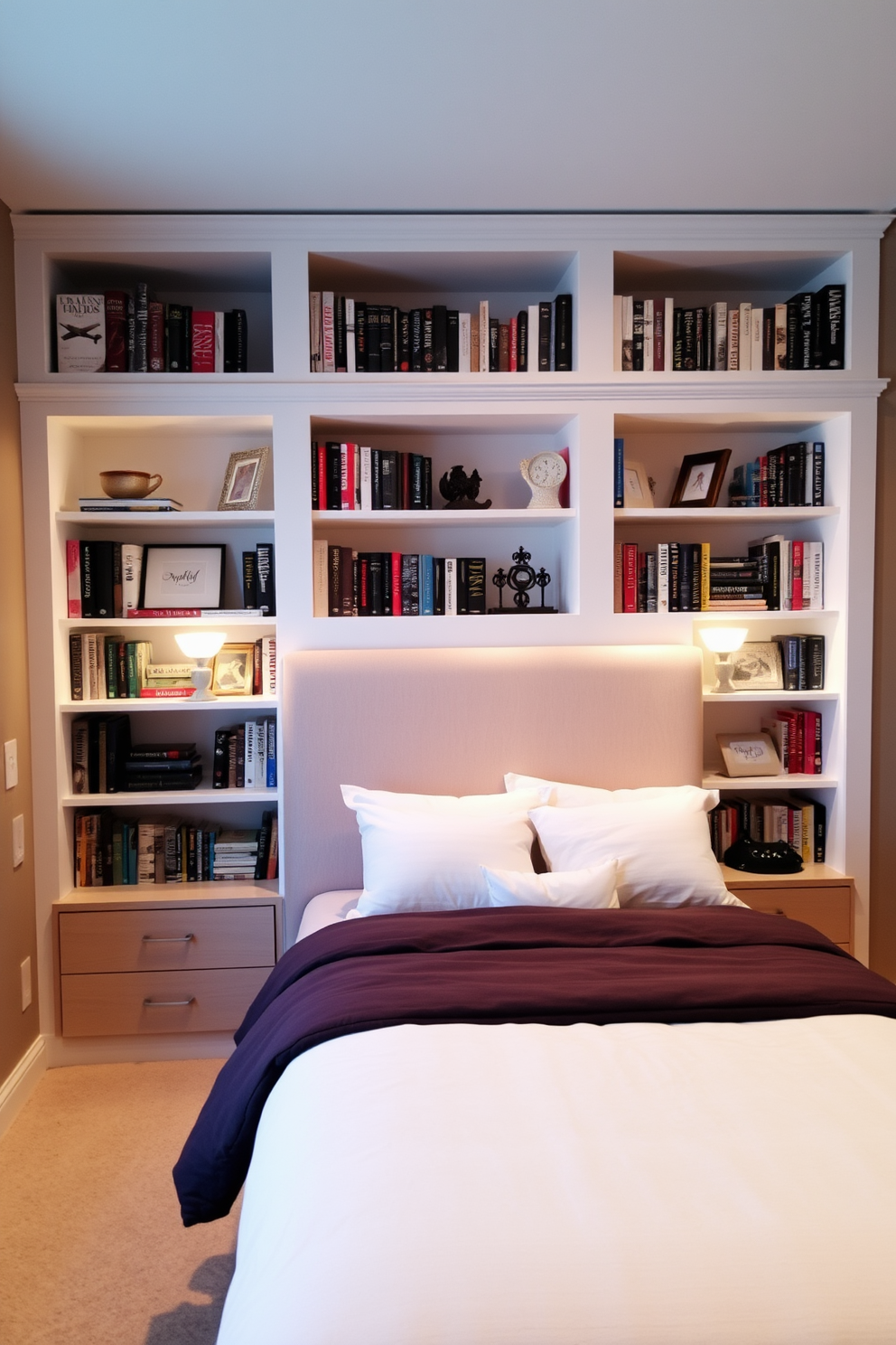 A cozy basement bedroom featuring built-in shelves that maximize space. The shelves are filled with books and decorative items, providing both functionality and style. The bed is positioned against a wall with a soft, neutral-colored headboard. Warm lighting fixtures are installed on either side, creating an inviting atmosphere.