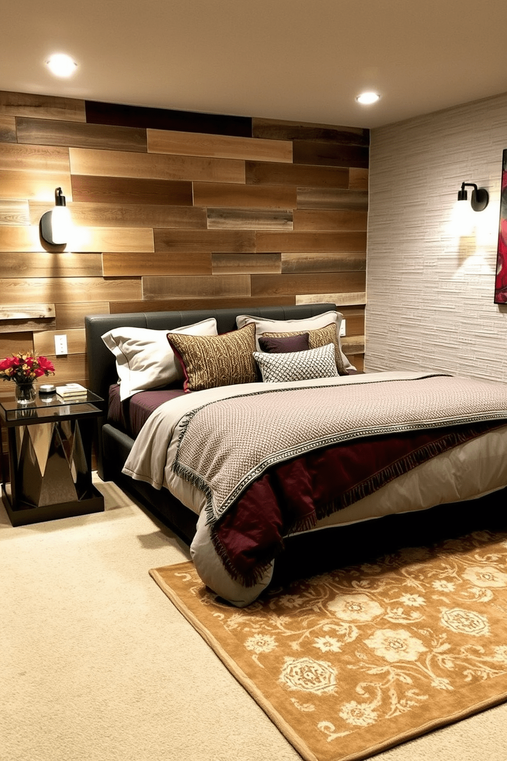 A cozy basement bedroom featuring textured wall treatments that add depth and visual interest. The walls are adorned with a combination of reclaimed wood panels and soft fabric accents, creating a warm and inviting atmosphere. The room includes a plush bed dressed in layered bedding with rich colors and patterns. A stylish area rug anchors the space, and soft lighting fixtures create a relaxing ambiance for the perfect retreat.