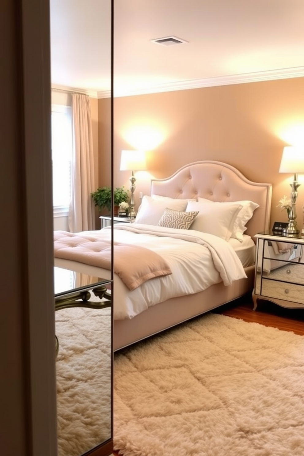 A cozy basement bedroom featuring mirrored furniture that reflects light beautifully. The bed is dressed in soft, neutral linens, while a mirrored nightstand adds a touch of glamour beside it. The walls are painted in a warm, inviting color to create a sense of comfort. A plush area rug anchors the space, and strategically placed lighting enhances the airy feel of the room.