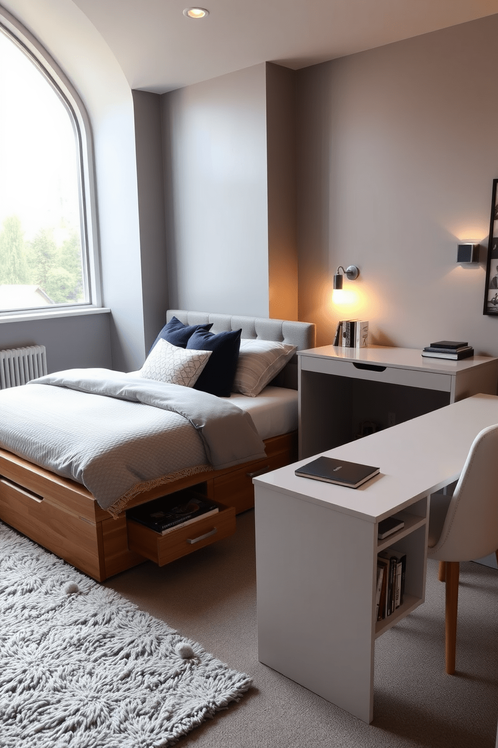 A cozy basement bedroom featuring a stylish bed with built-in drawers underneath for hidden storage. The room includes a sleek desk that doubles as a nightstand, with compartments for books and personal items. Warm lighting from wall sconces creates an inviting atmosphere, while a plush area rug adds comfort underfoot. The walls are painted in a soft gray, and a large window allows natural light to filter in, enhancing the space's functionality.