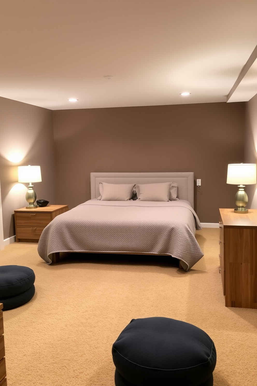 A serene basement bedroom featuring earthy tones that create a calming atmosphere. The walls are painted in soft taupe, complemented by a warm beige carpet that adds comfort underfoot. A plush king-sized bed with a textured linen duvet is positioned against the wall. Natural wood nightstands on either side hold elegant lamps with soft light, enhancing the tranquil ambiance.