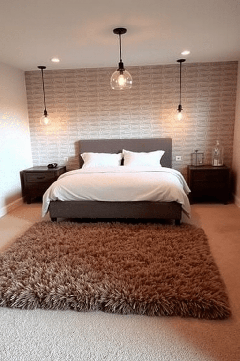 A cozy basement bedroom featuring a plush area rug that defines the sleeping zone. The rug is layered over soft carpeting, creating a warm and inviting atmosphere for relaxation and rest. The bed is positioned against a feature wall adorned with textured wallpaper, complemented by bedside tables on either side. Warm lighting fixtures hang above, enhancing the intimate feel of the space.