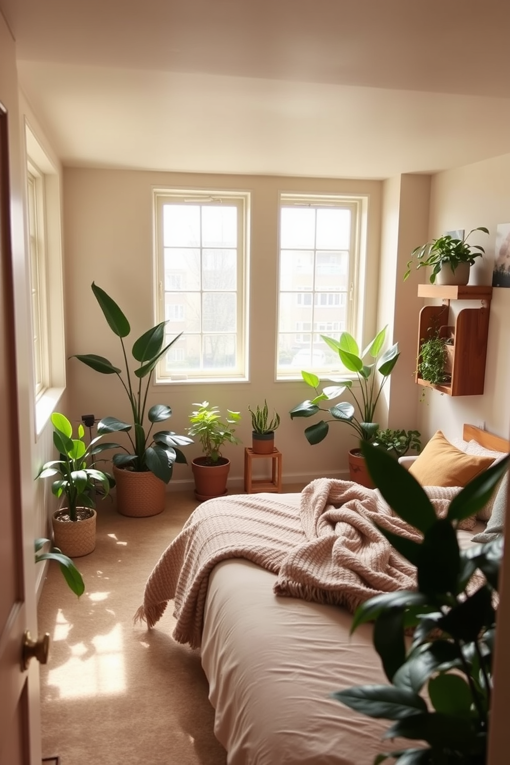 A cozy basement bedroom filled with natural light from large windows. Lush green plants are placed in each corner, adding a refreshing touch to the earthy color palette of the room. The walls are painted in soft beige, complementing the warm wooden accents of the furniture. A comfortable bed with a textured throw is positioned against one wall, while a small seating area with a plant-filled shelf invites relaxation.