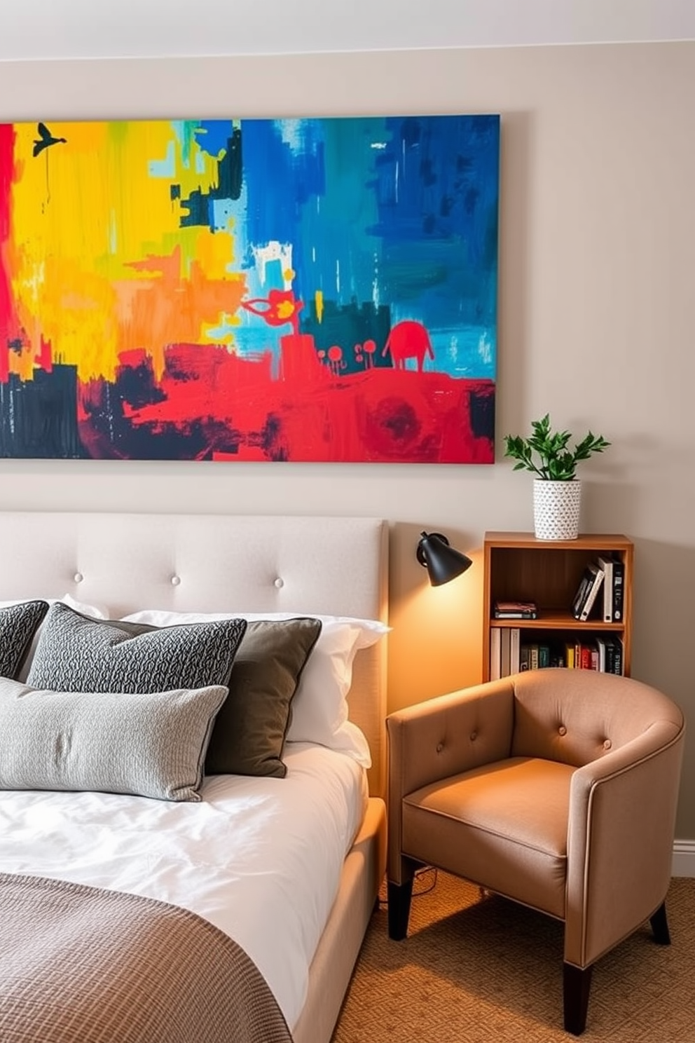 Creative wall art for personal touch. A large canvas painting with vibrant colors hangs above the bed, adding warmth to the space. Basement bedroom design ideas. The room features a cozy reading nook with a plush armchair and a small bookshelf, creating an inviting atmosphere.