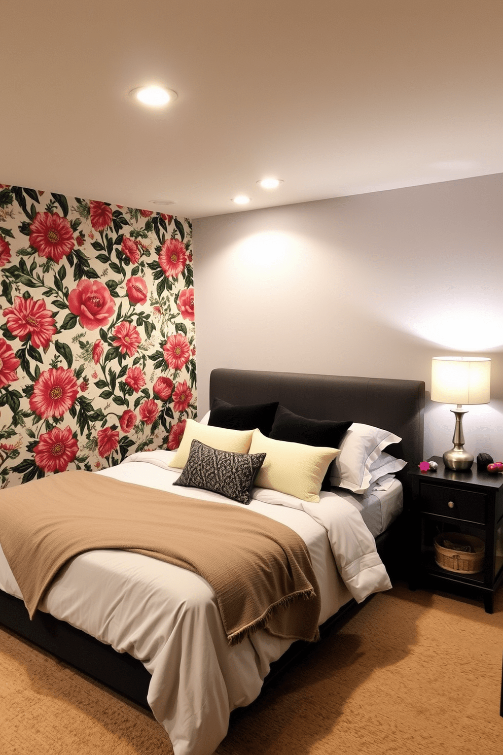 A cozy basement bedroom featuring an accent wall adorned with bold floral wallpaper that adds a vibrant touch to the space. The room includes a comfortable bed with plush bedding, and soft lighting creates a warm and inviting atmosphere.