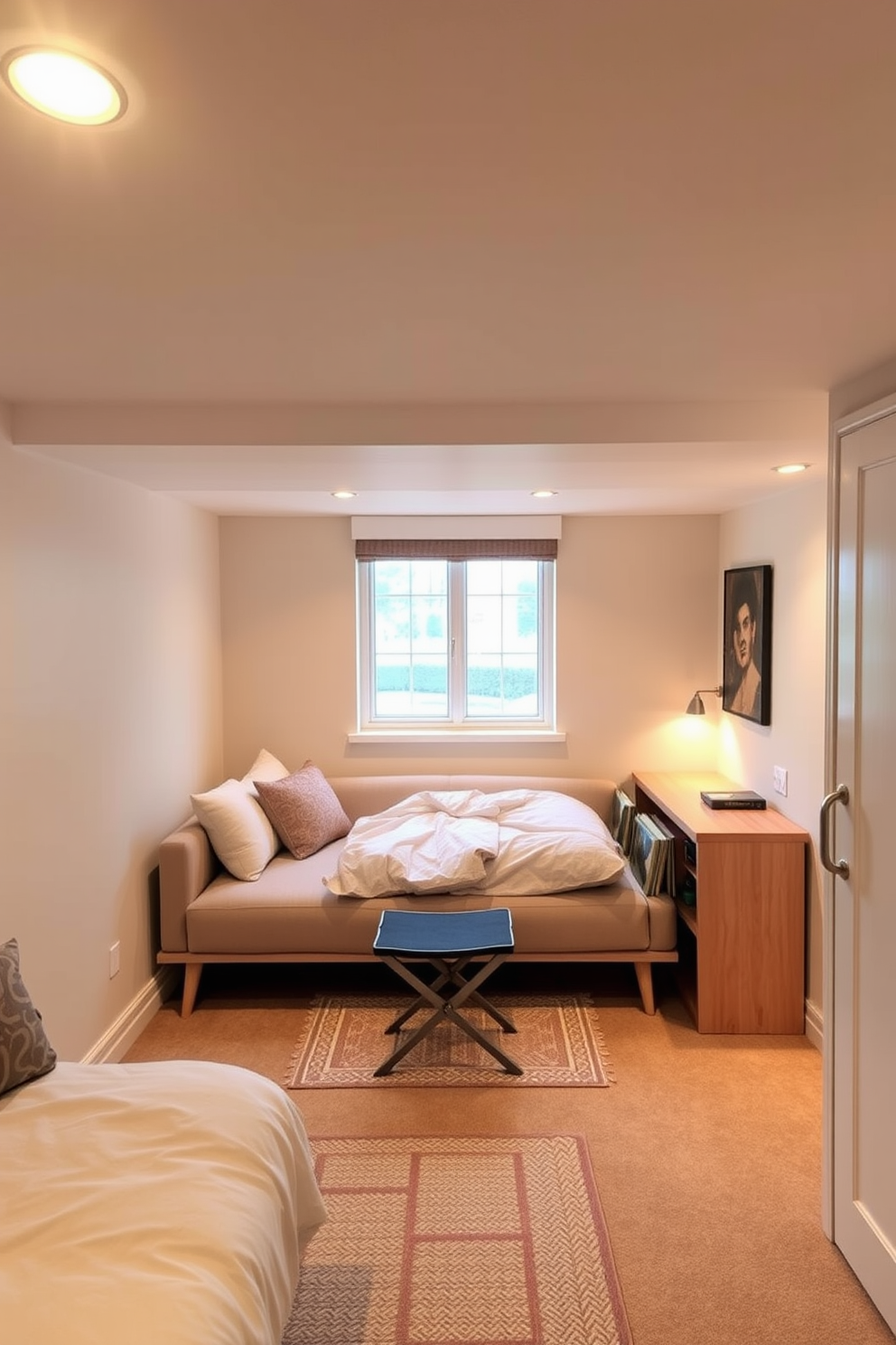 A cozy basement bedroom featuring multi-functional furniture that maximizes space and utility. The bed doubles as a sofa during the day, and a stylish desk can be folded away when not in use. Soft ambient lighting creates a warm atmosphere, highlighting the neutral color palette of the walls and furnishings. A compact bookshelf provides both storage and display options, while a small rug adds comfort underfoot.