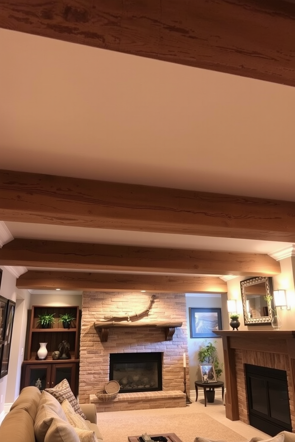 A cozy basement ceiling featuring exposed wooden beams adds rustic charm to the space. The beams contrast beautifully with the soft, warm lighting that enhances the inviting atmosphere.