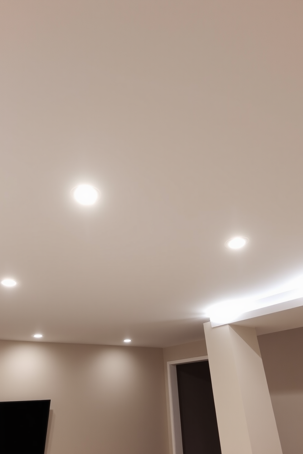 A contemporary basement ceiling design featuring sleek recessed lighting that enhances the overall ambiance. The ceiling is finished in a smooth white texture, creating a clean and modern look while providing ample illumination throughout the space.