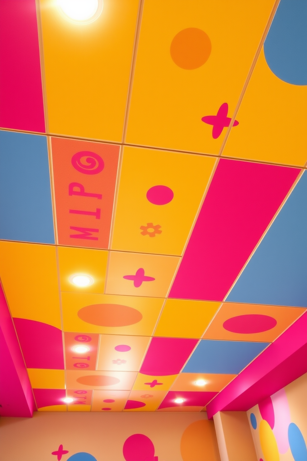 A colorful ceiling design that incorporates vibrant hues such as bright yellow, electric blue, and playful pinks to create an energetic atmosphere. The ceiling features geometric patterns and whimsical shapes that draw the eye upward and add a sense of fun to the basement space. Soft LED lighting is integrated into the design, casting a warm glow that enhances the colors and creates a lively ambiance. This playful ceiling design transforms the basement into a lively area perfect for gatherings and entertainment.