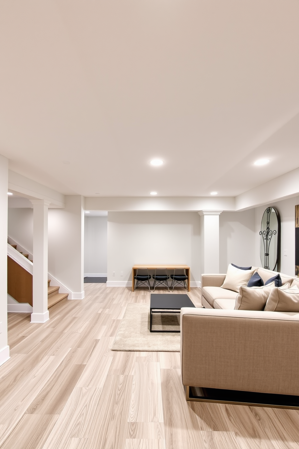 A stylish basement with vinyl planks flooring that offers a durable and modern finish. The ceiling features exposed beams painted in a soft white, creating an airy and open atmosphere. Recessed lighting is strategically placed to illuminate the space, enhancing the contemporary feel. A cozy seating area with plush furniture invites relaxation, complemented by a sleek coffee table.