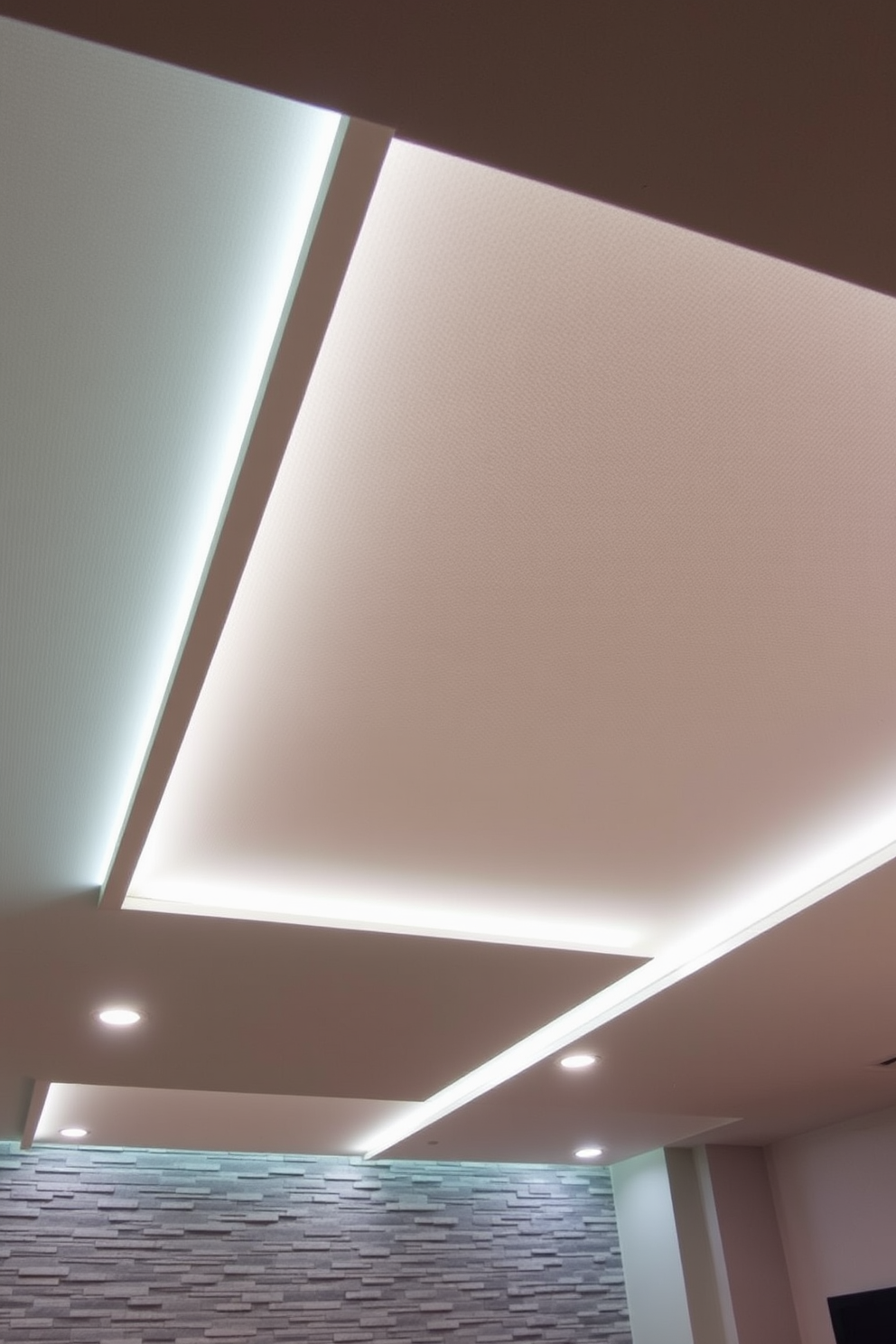 A stylish basement ceiling design featuring sleek LED strip lights that create an ambient glow. The ceiling is adorned with a combination of textured panels and recessed lighting, enhancing the modern aesthetic of the space.