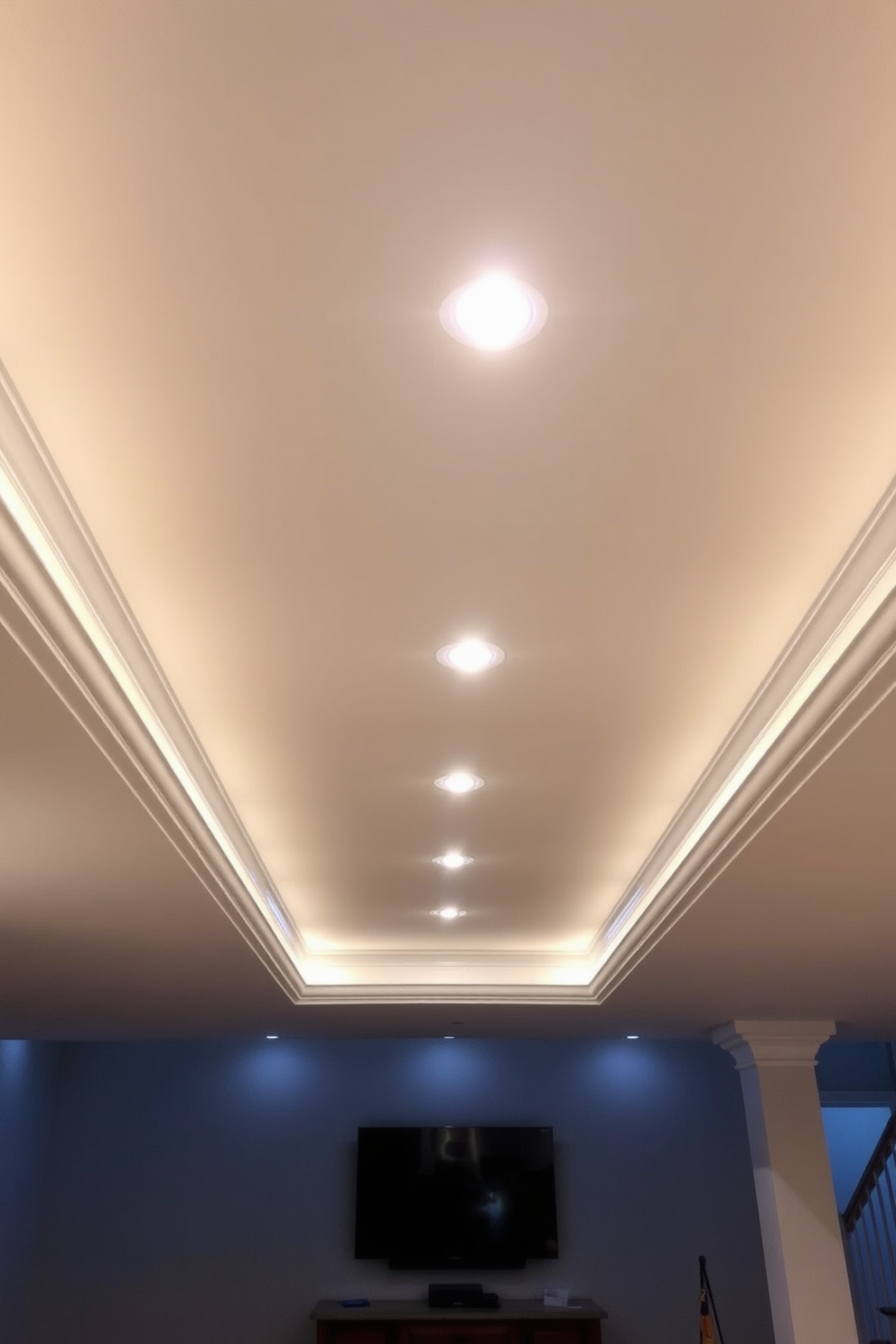 A contemporary basement ceiling design featuring a smooth plaster finish that enhances the overall aesthetic. The ceiling is painted in a soft white color, creating a bright and airy atmosphere in the space. Incorporate recessed lighting fixtures evenly spaced throughout the ceiling to provide ample illumination. The design includes subtle crown molding along the edges, adding a touch of elegance to the basement environment.