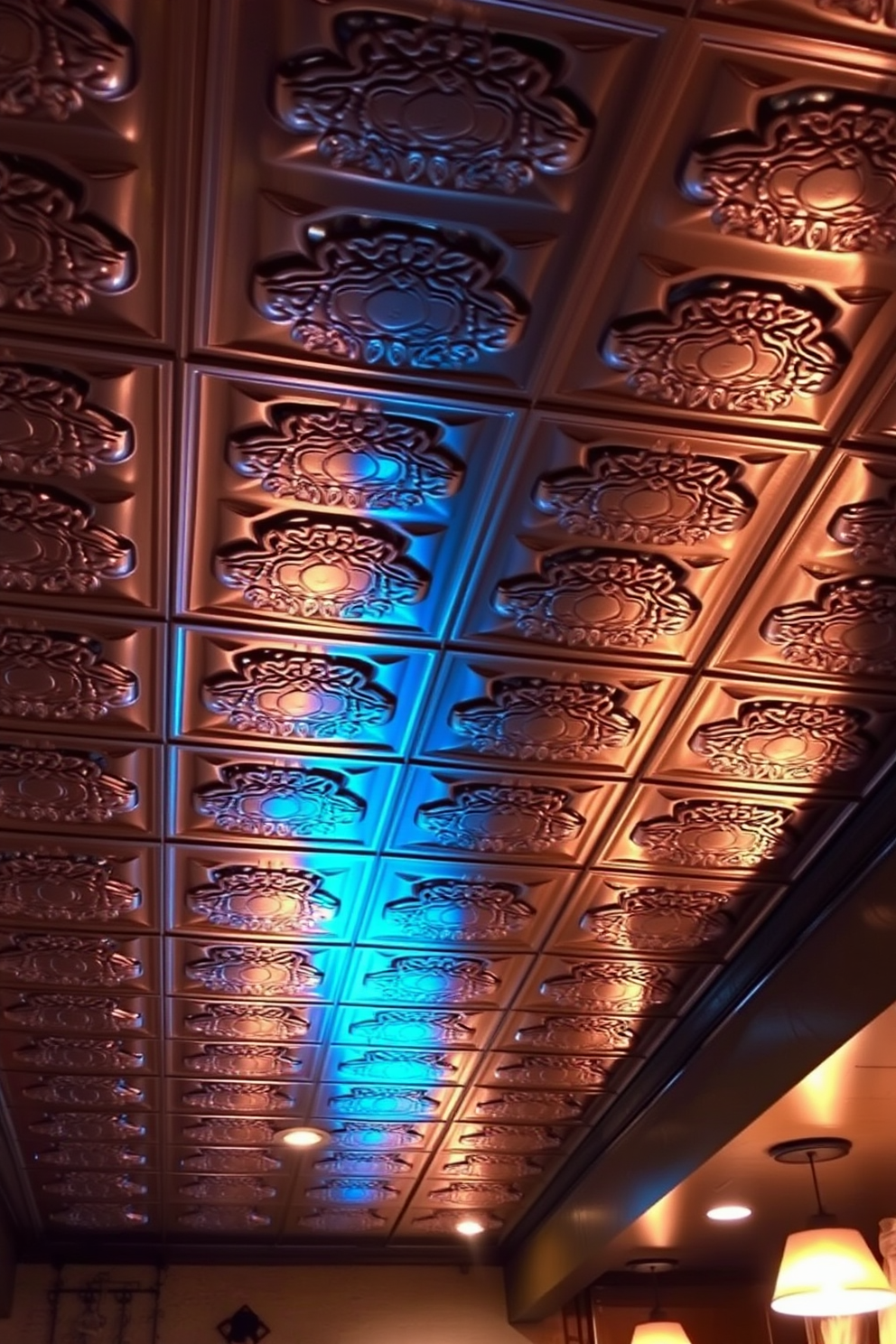 A cozy basement ceiling featuring faux tin tiles that evoke a vintage charm. The tiles are arranged in a classic pattern, reflecting soft ambient lighting to create a warm and inviting atmosphere.