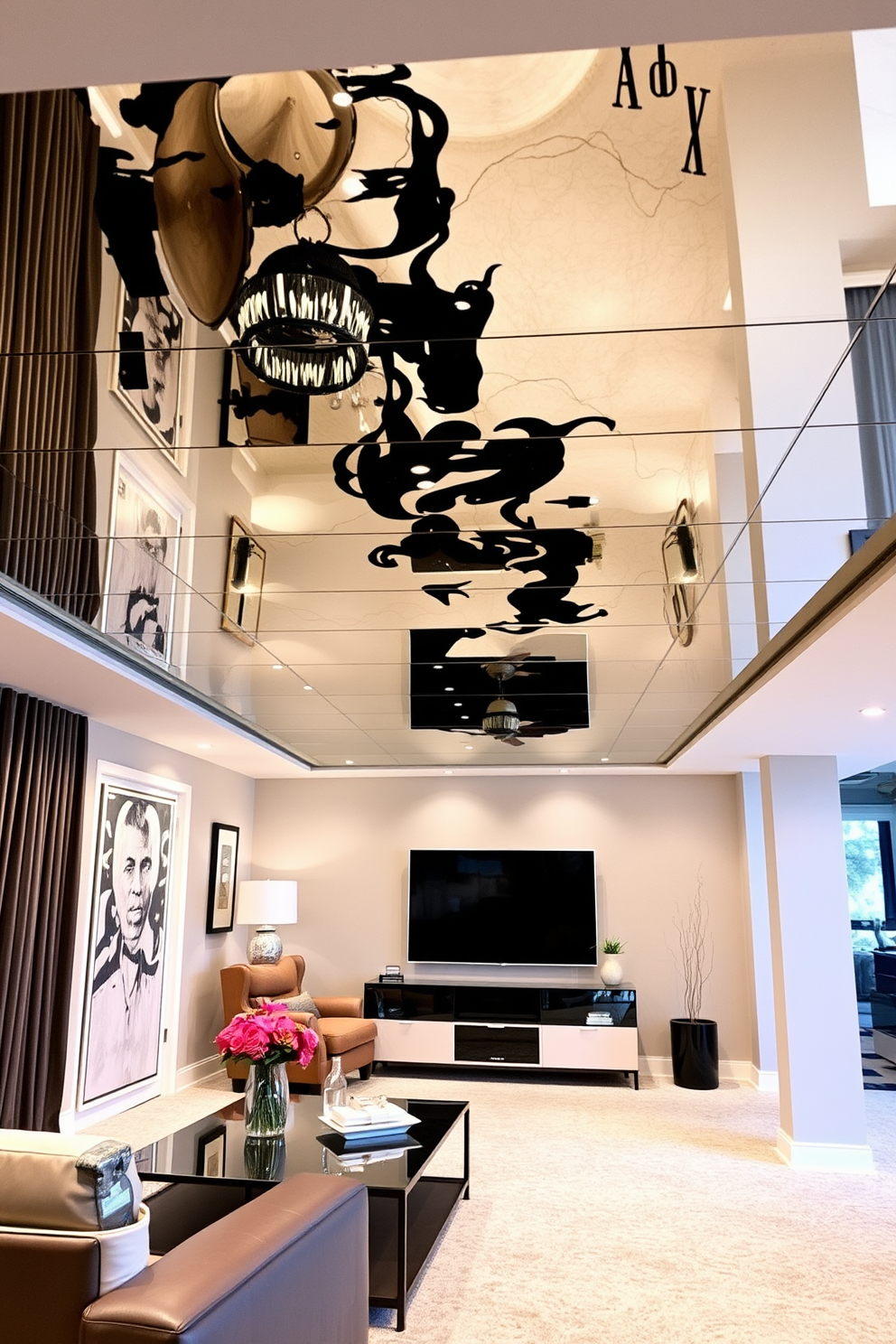 A stunning basement ceiling design featuring a mirrored ceiling that creates a spacious illusion. The reflective surface enhances the light in the room, making it feel airy and open while complementing modern decor elements.