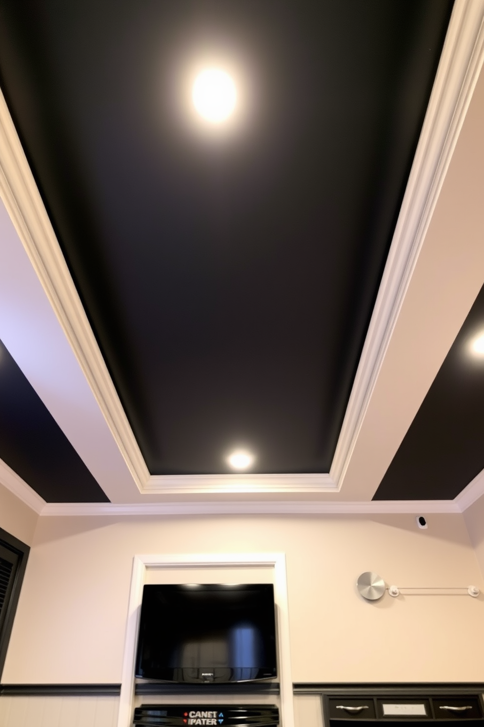 A basement ceiling design featuring chalkboard paint allows for endless creative expression. The dark, matte finish creates a striking contrast against the lighter walls, making the space feel both modern and inviting.