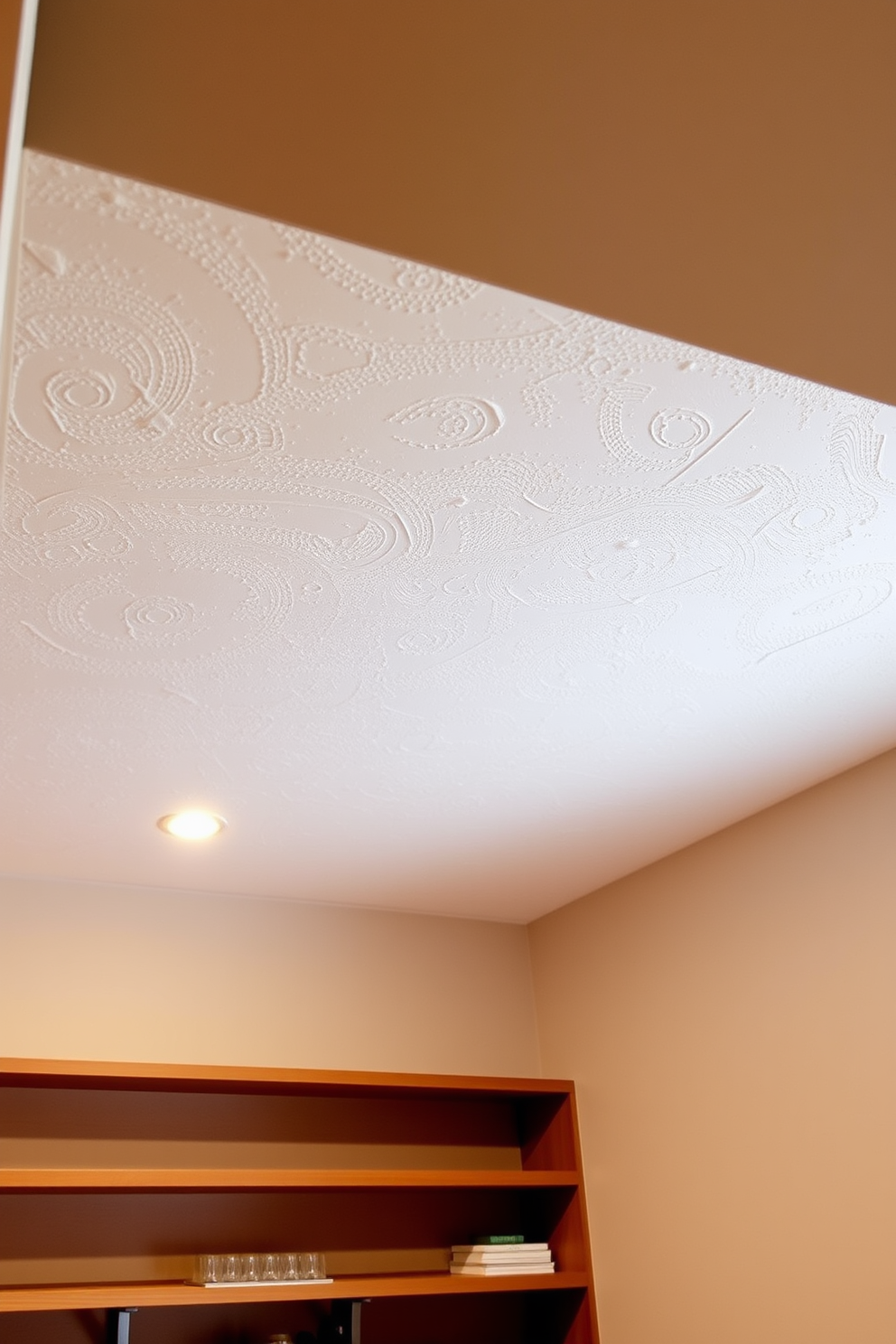 A stylish basement ceiling featuring textured plaster adds depth and character to the space. The soft, muted tones of the plaster create a warm ambiance while enhancing the overall design aesthetic.