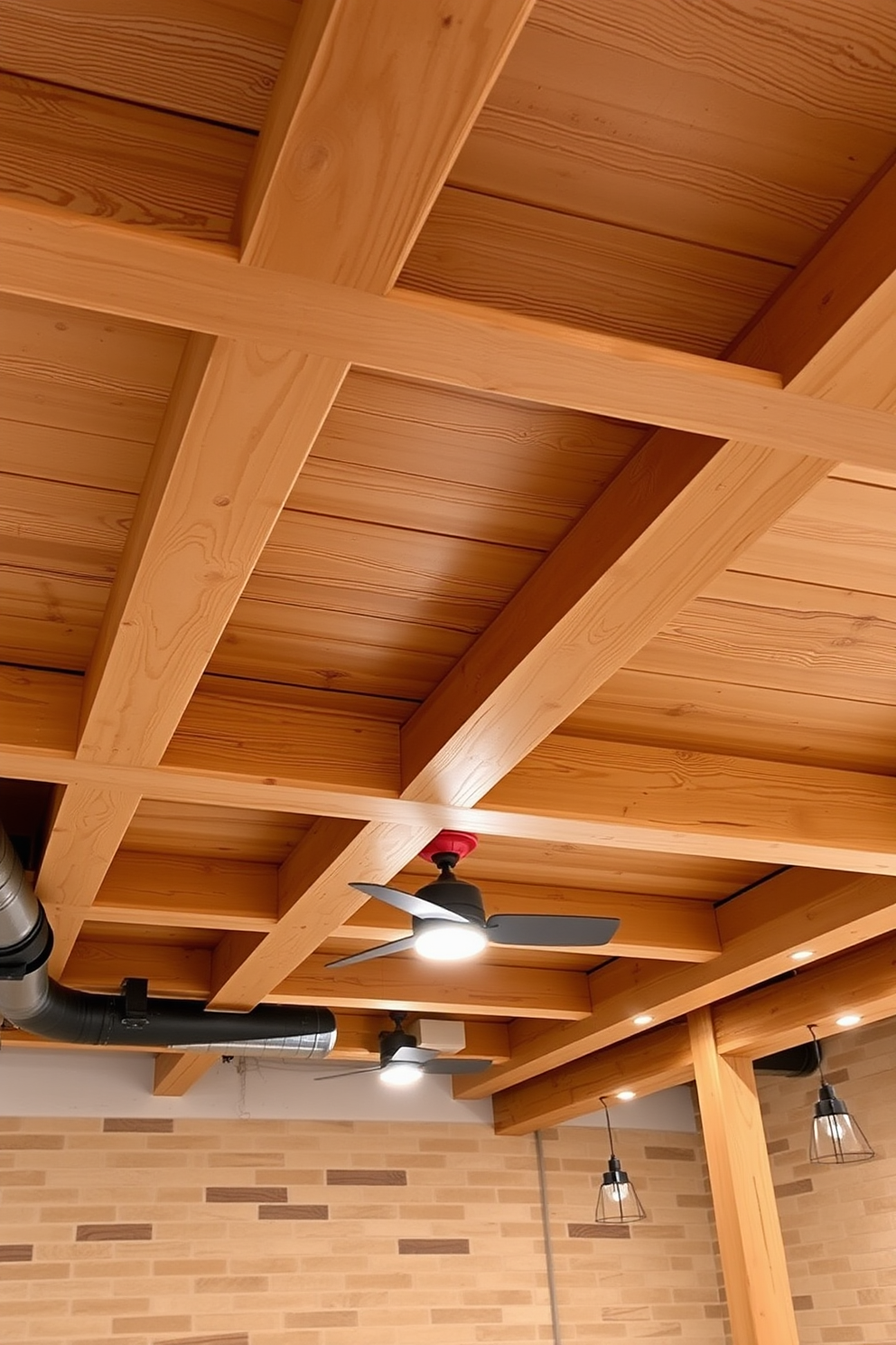 A cozy basement featuring rustic barn wood beams that create a warm and inviting atmosphere. The ceiling showcases a natural finish that highlights the wood's grain, enhancing the farmhouse aesthetic. Soft, ambient lighting is integrated into the design, illuminating the space while maintaining a rustic charm. Exposed ductwork and vintage-style fixtures complement the barn wood, creating a harmonious blend of modern functionality and classic farmhouse style.