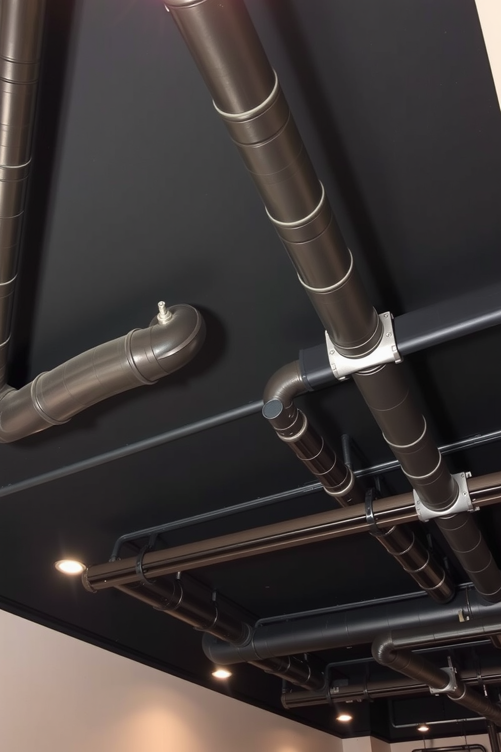 An industrial basement ceiling features exposed pipes and ductwork that create a raw and edgy aesthetic. The ceiling is painted in a dark matte black to enhance the contrast with the light-colored walls below. The pipes are arranged in an artistic manner, adding visual interest and character to the space. Soft ambient lighting is strategically placed to highlight the industrial elements while maintaining a cozy atmosphere.