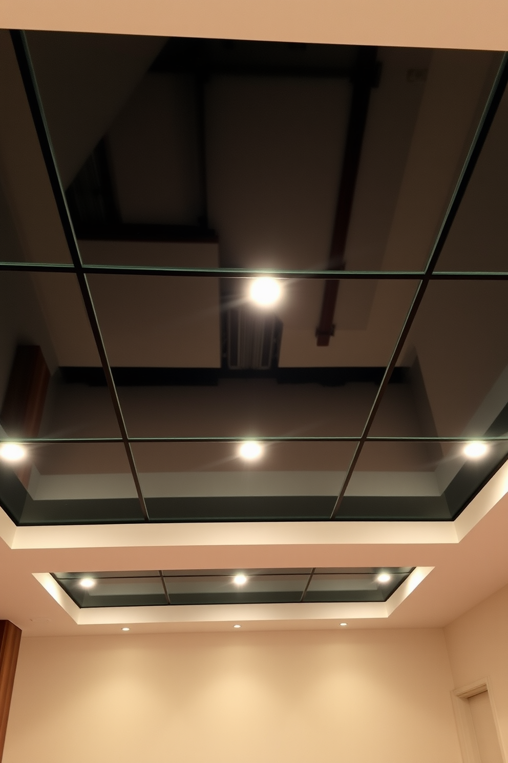 A modern basement ceiling featuring sleek glass panels that create an airy and open atmosphere. The ceiling is complemented by recessed lighting that enhances the spacious feel while providing a warm glow throughout the room.