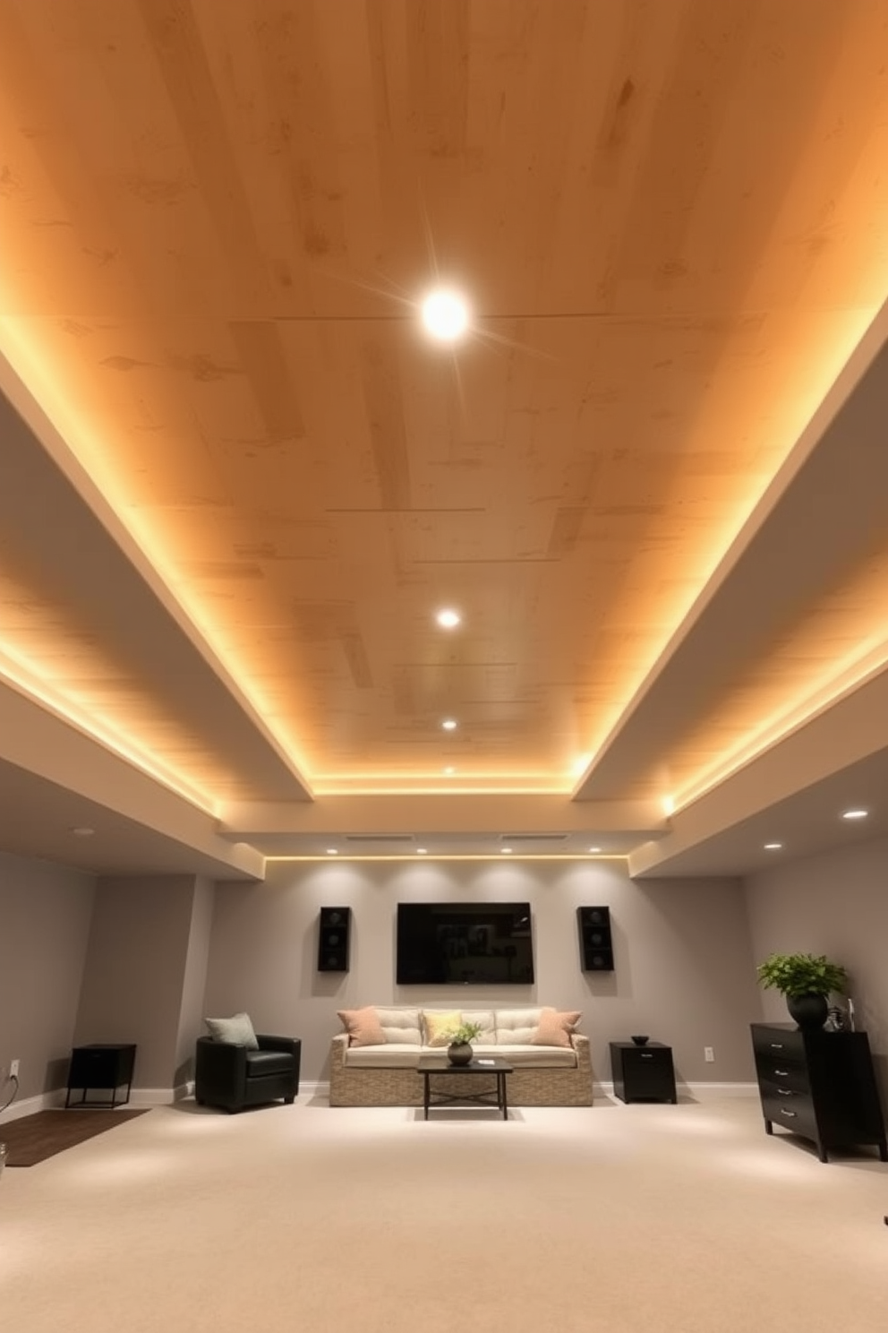 A modern basement with a plywood ceiling creates a warm and inviting atmosphere. The ceiling features exposed beams that add character and a rustic touch while remaining budget-friendly. Soft ambient lighting is installed along the perimeter to enhance the cozy feel of the space. The walls are painted in a light gray color, complementing the natural wood tones of the ceiling.