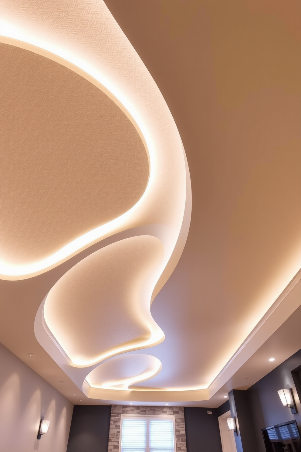 A sculptural ceiling design that incorporates flowing curves and geometric patterns creates a unique focal point in the basement. The ceiling features a combination of textured materials and ambient lighting to enhance the overall atmosphere. The design includes recessed lighting that highlights the sculptural elements while providing a warm glow. Soft, neutral colors on the ceiling contrast with darker walls, adding depth and sophistication to the space.