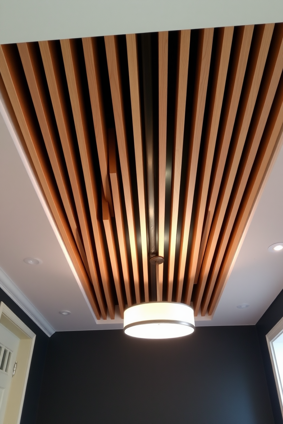 A contemporary basement ceiling design featuring vertical slats that create a modern aesthetic. The slats are finished in a light wood tone, enhancing the spacious feel of the room while providing a stylish contrast to the dark walls.