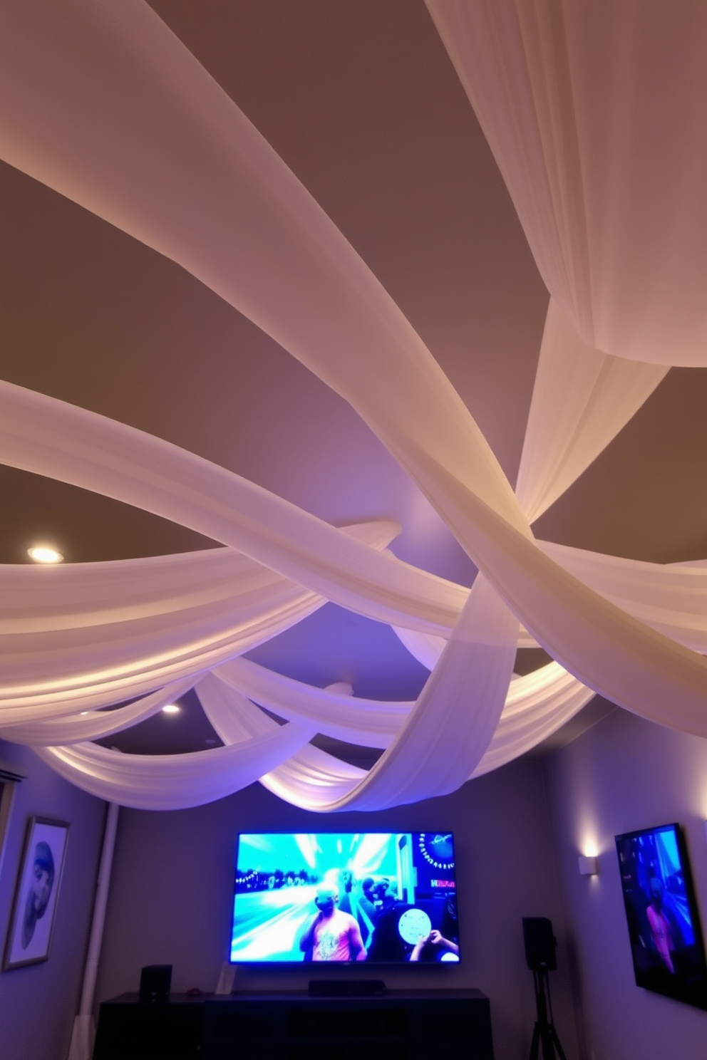 A stunning basement ceiling design featuring tension fabric ceilings that create a soft and elegant atmosphere. The fabric is draped gracefully, enhancing the room's acoustics while providing a modern touch to the space.