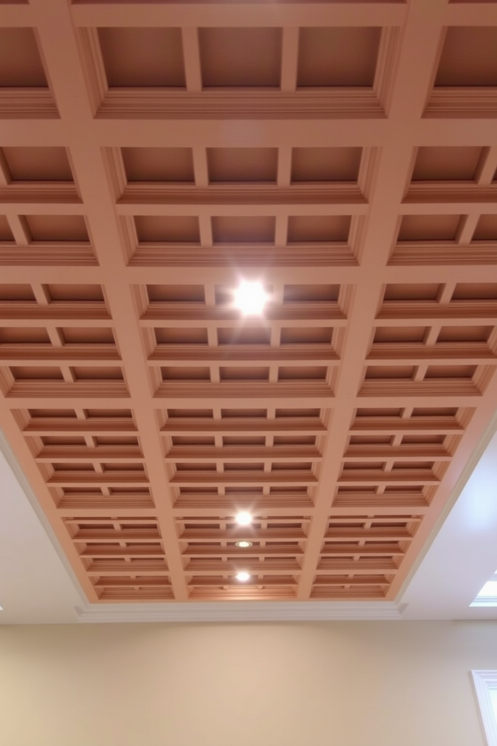 A coffered ceiling adds a touch of elegance and sophistication to any basement space. The intricate grid pattern creates visual interest while enhancing the overall height and ambiance of the room. Incorporate soft lighting fixtures within the coffers to highlight the architectural details. Choose a warm color palette for the ceiling to complement the cozy atmosphere of the basement.