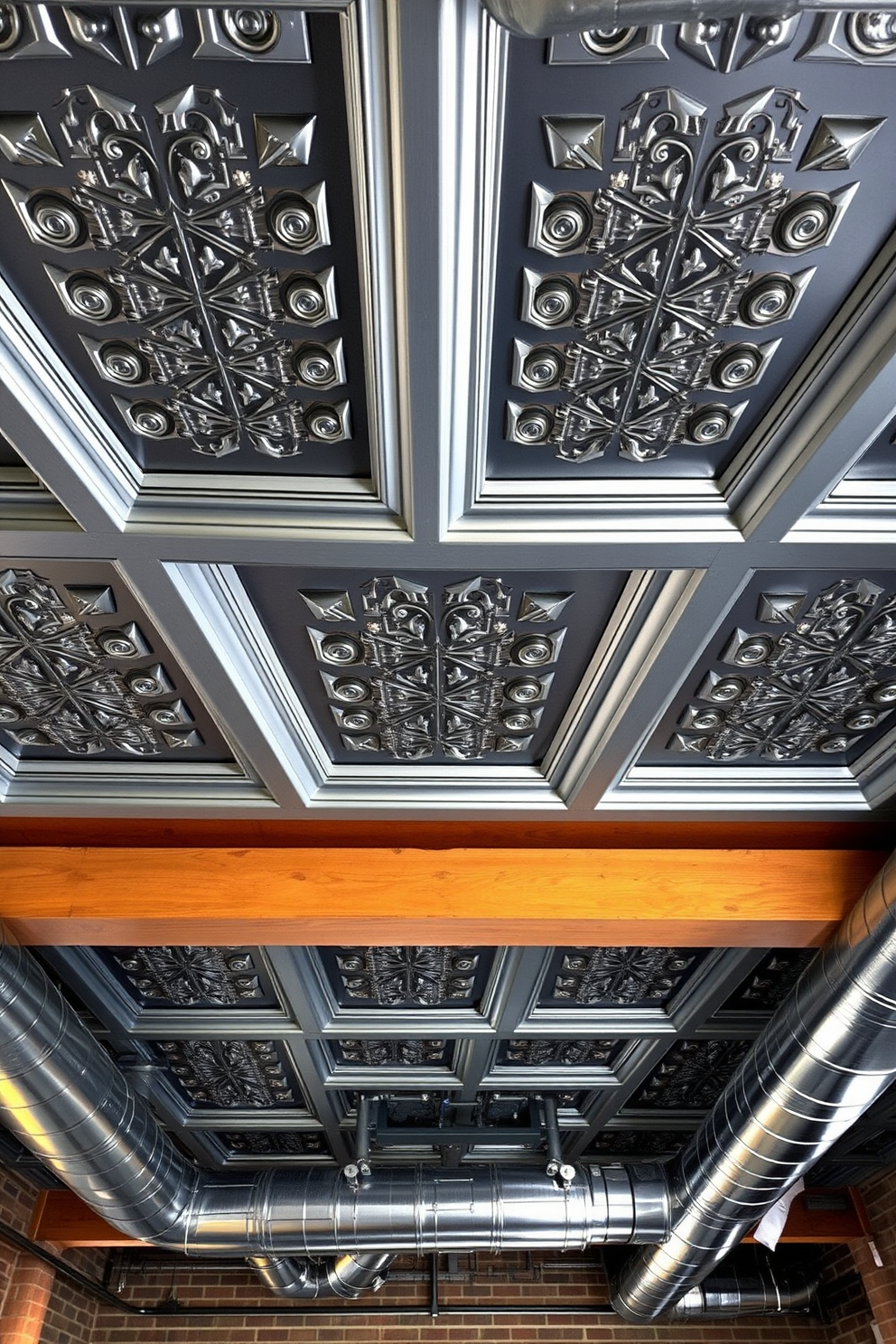 A striking basement ceiling design featuring metal ceiling tiles that enhance the industrial vibe of the space. The tiles are arranged in a geometric pattern, creating a bold and modern aesthetic that complements exposed beams and ductwork.