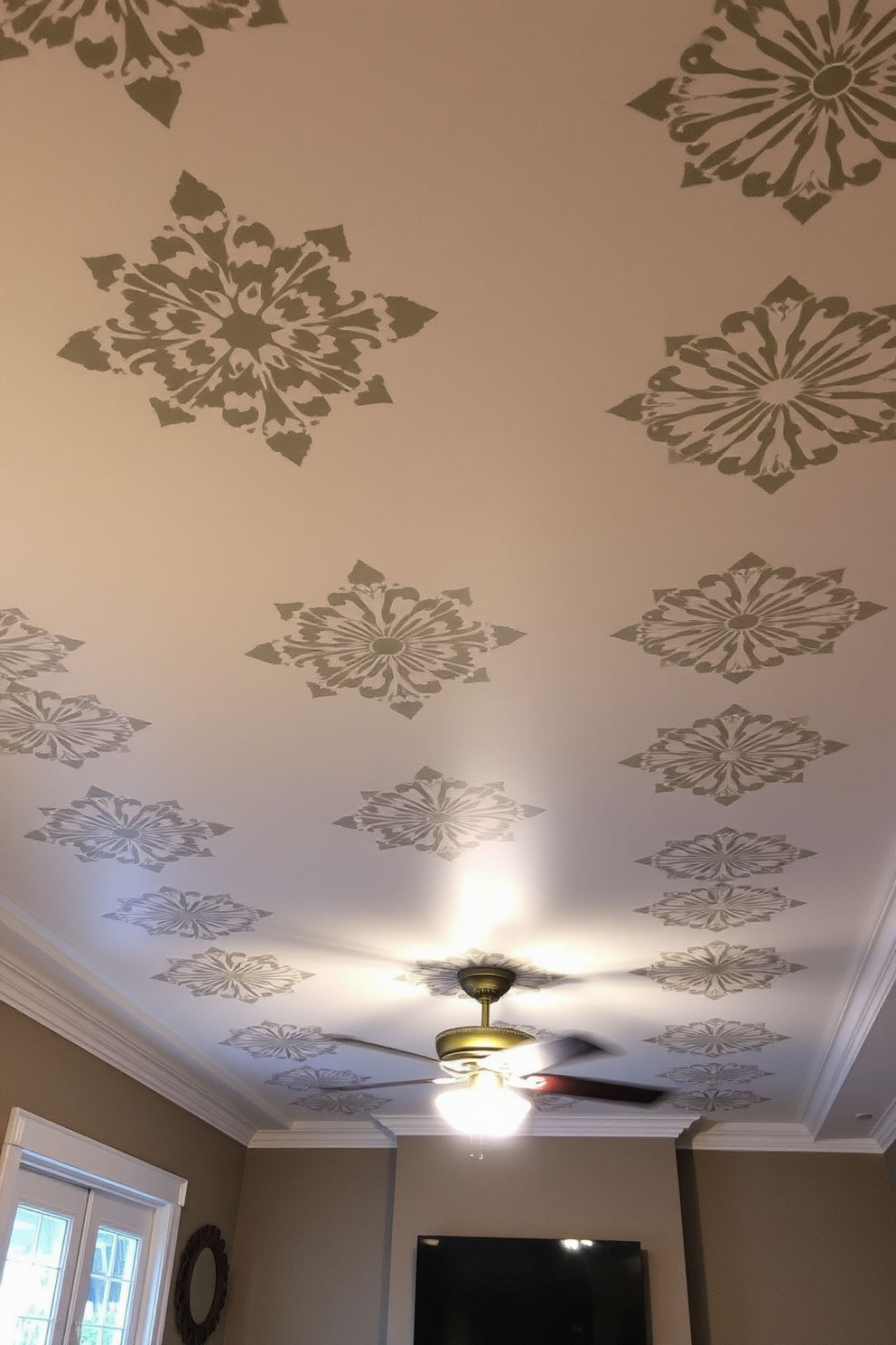 A stylish basement ceiling featuring intricate stenciled patterns that add artistic flair to the space. The design incorporates a combination of geometric and floral motifs in a soft color palette, creating a visually appealing and inviting atmosphere.