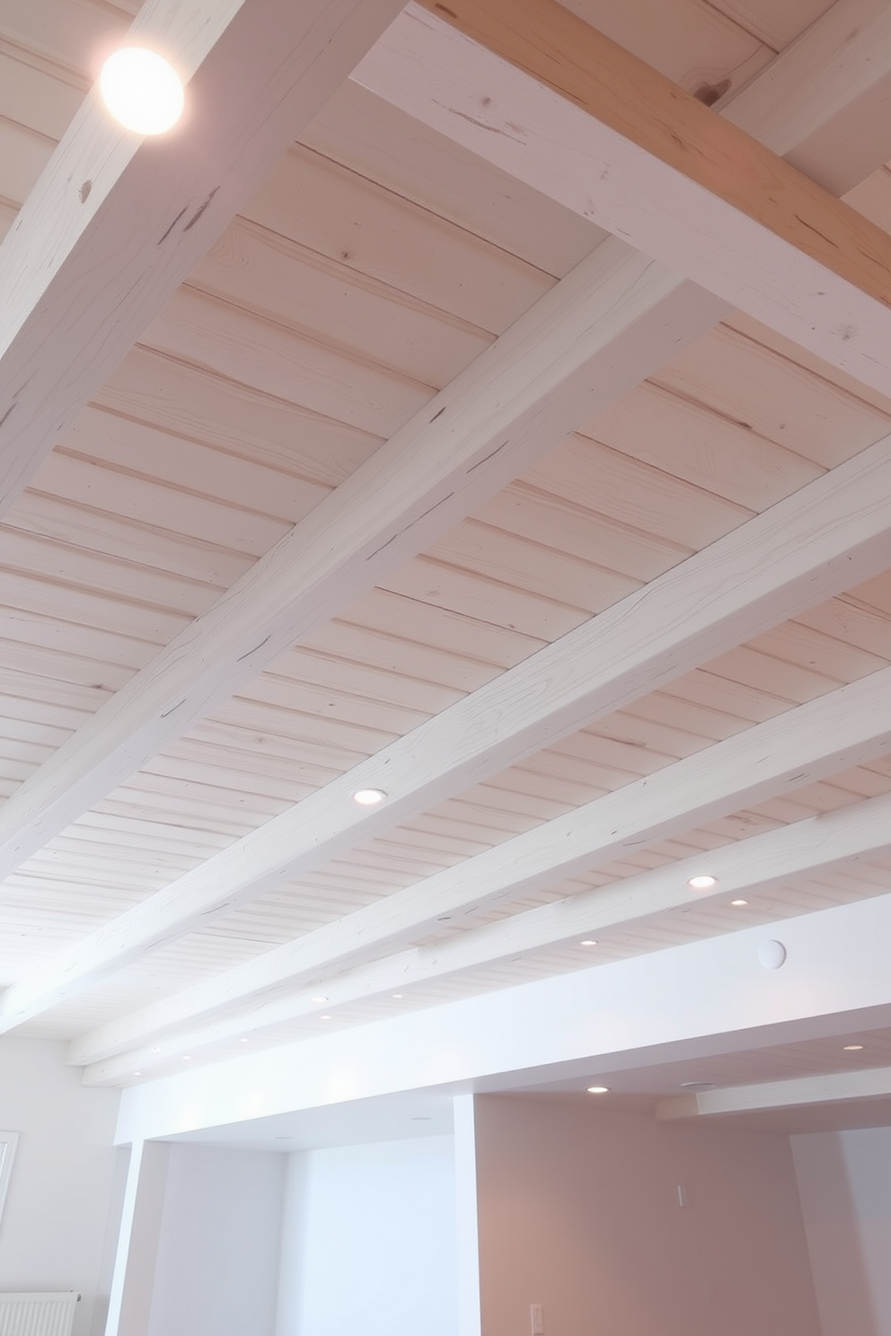 A bright and airy basement ceiling design featuring whitewashed wood beams that create a sense of spaciousness. The walls are painted in a soft white hue, enhancing the lightness of the space while recessed lighting highlights the natural texture of the wood.