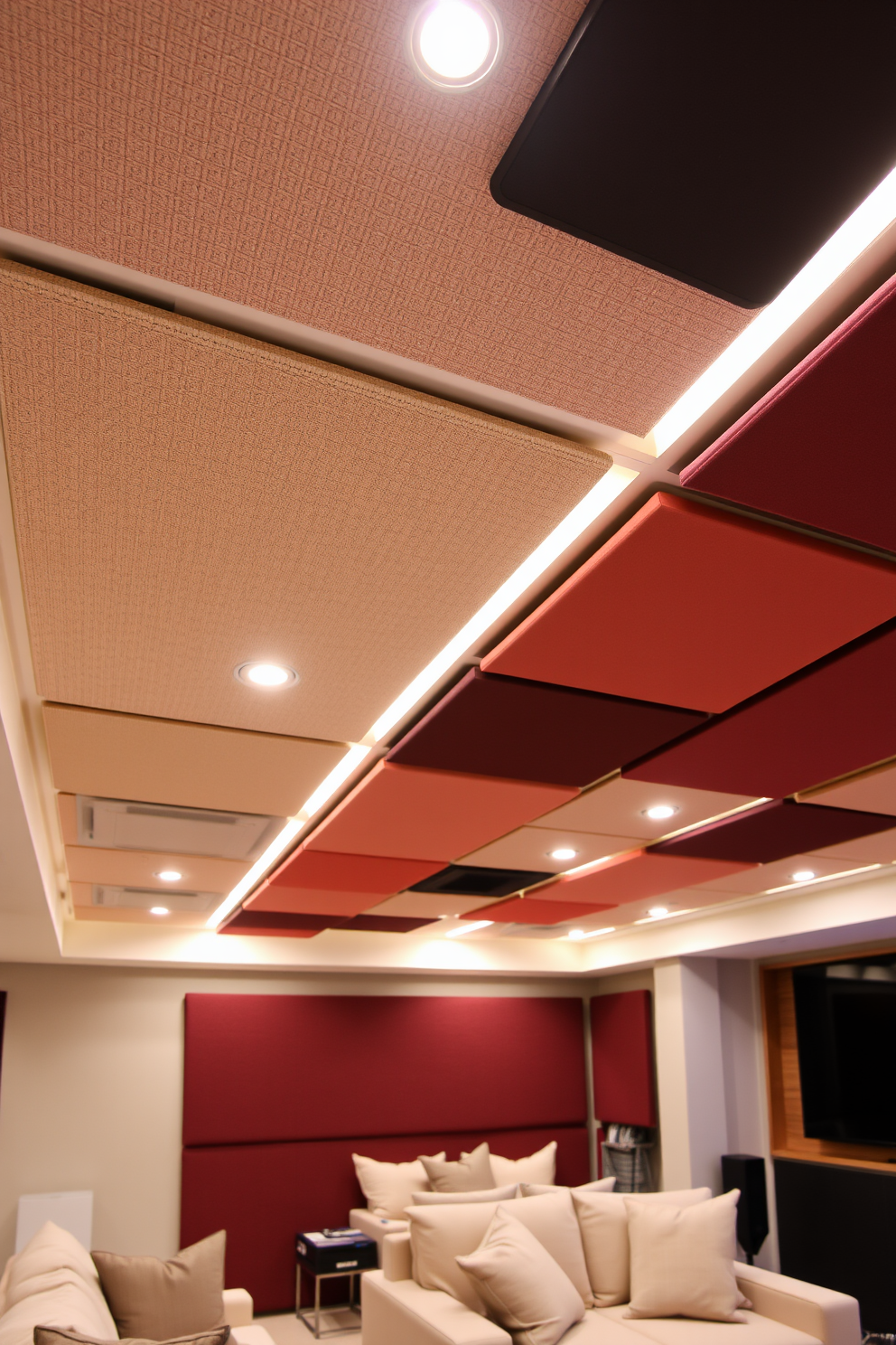 Acoustic panels are strategically placed on the basement ceiling to enhance sound absorption and reduce echo. The panels feature a sleek modern design in various colors that complement the overall aesthetic of the space. The ceiling is finished with recessed lighting that highlights the acoustic panels while providing a warm ambiance. Soft textiles and furnishings in the basement create a cozy atmosphere, making it an ideal space for relaxation or entertainment.