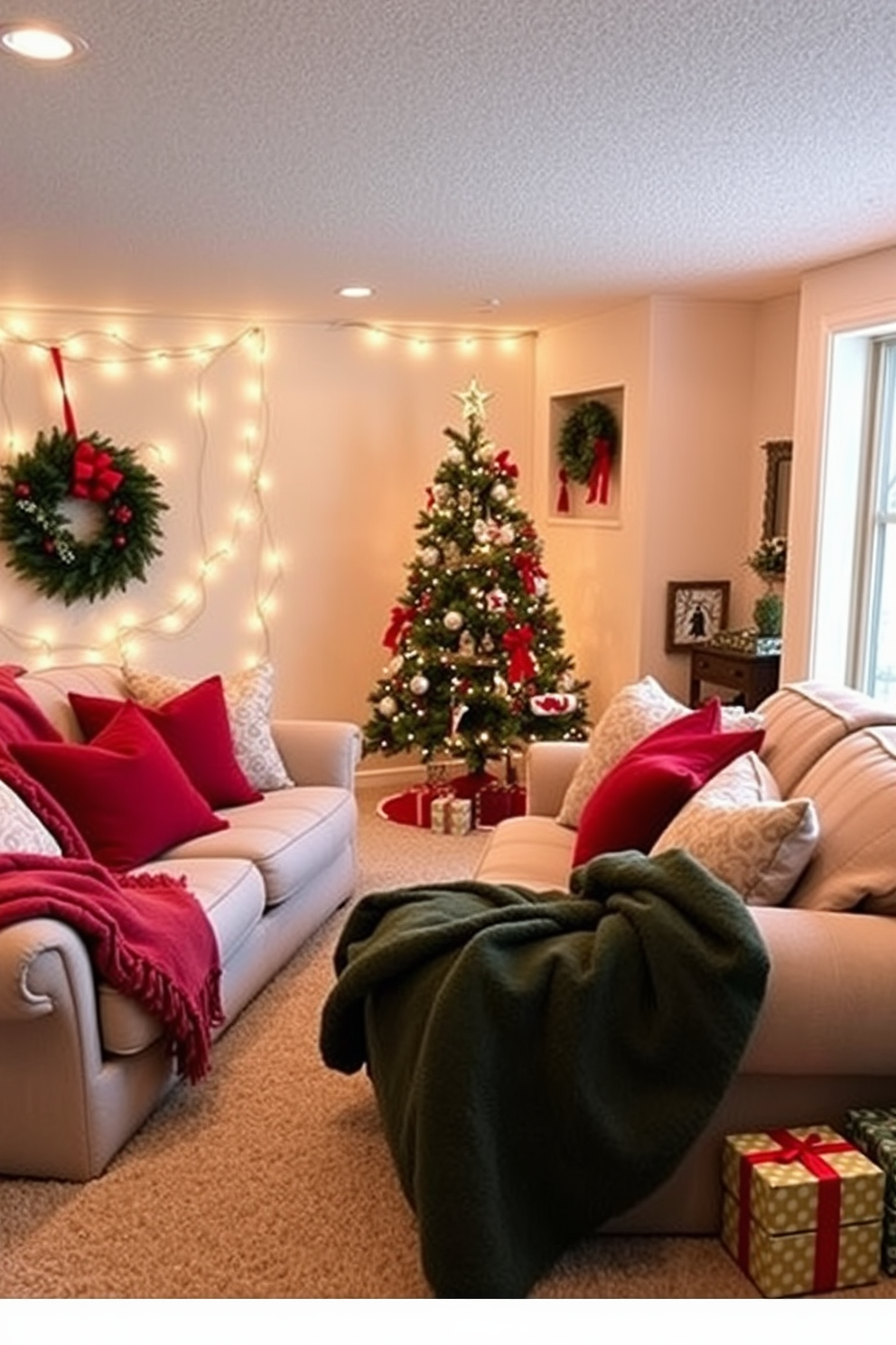 Cozy blankets and pillows are artfully arranged on plush sofas, inviting warmth and comfort into the space. Soft, festive accents in red and green enhance the holiday spirit, creating a welcoming atmosphere for family gatherings. The basement is transformed into a holiday haven with twinkling fairy lights adorning the walls and ceiling. A beautifully decorated Christmas tree stands in the corner, surrounded by wrapped gifts and charming seasonal decor.