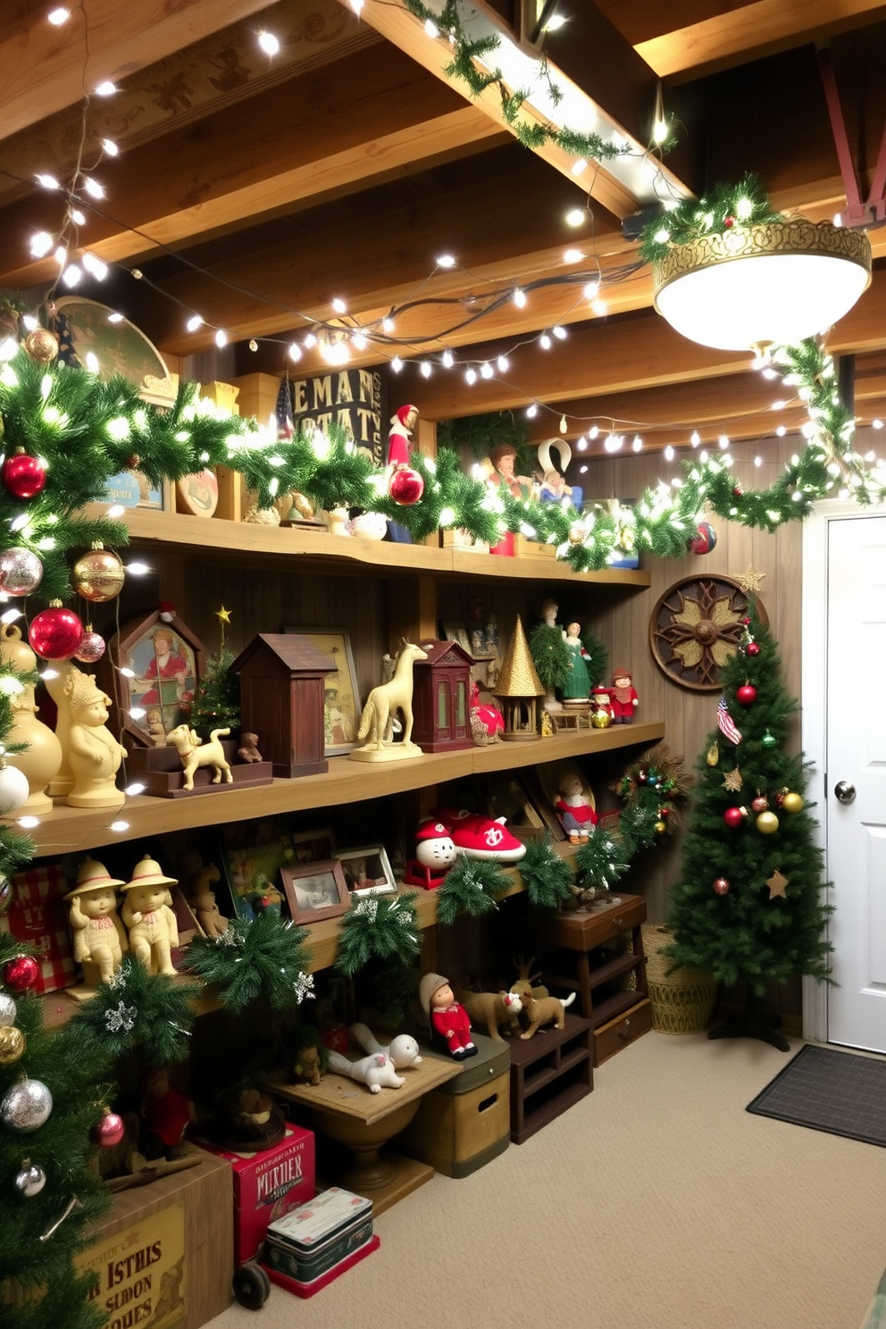 A cozy basement adorned with vintage holiday decorations on rustic wooden shelves. Twinkling fairy lights drape over the shelves, highlighting an assortment of classic ornaments, old-fashioned toys, and festive garlands.